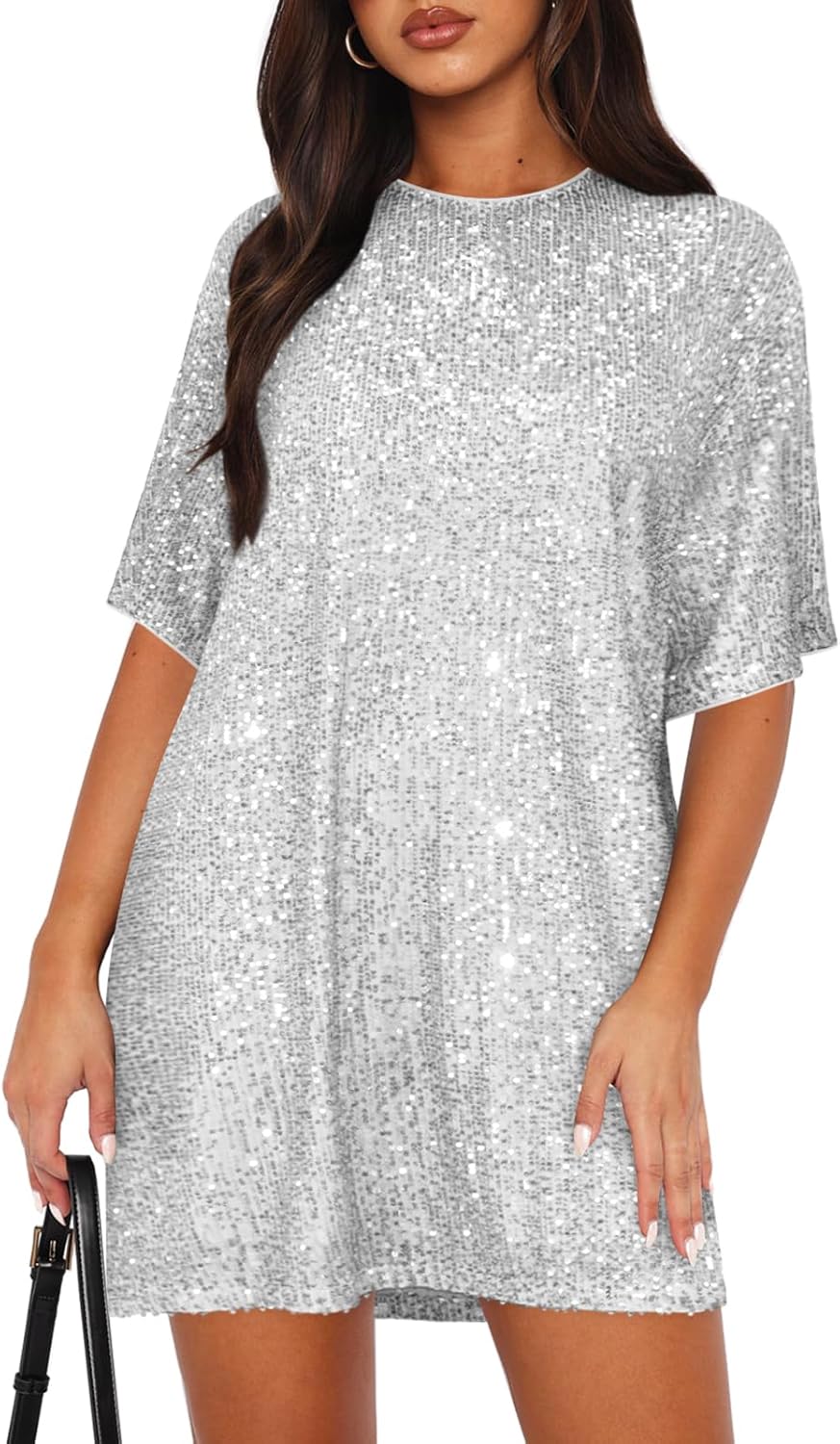 Women's Crew Neck Sequin Dress for Women Sexy V Neck Shirt Dress Sparkly Half Sleeve Loose Party Club Cocktail Dress