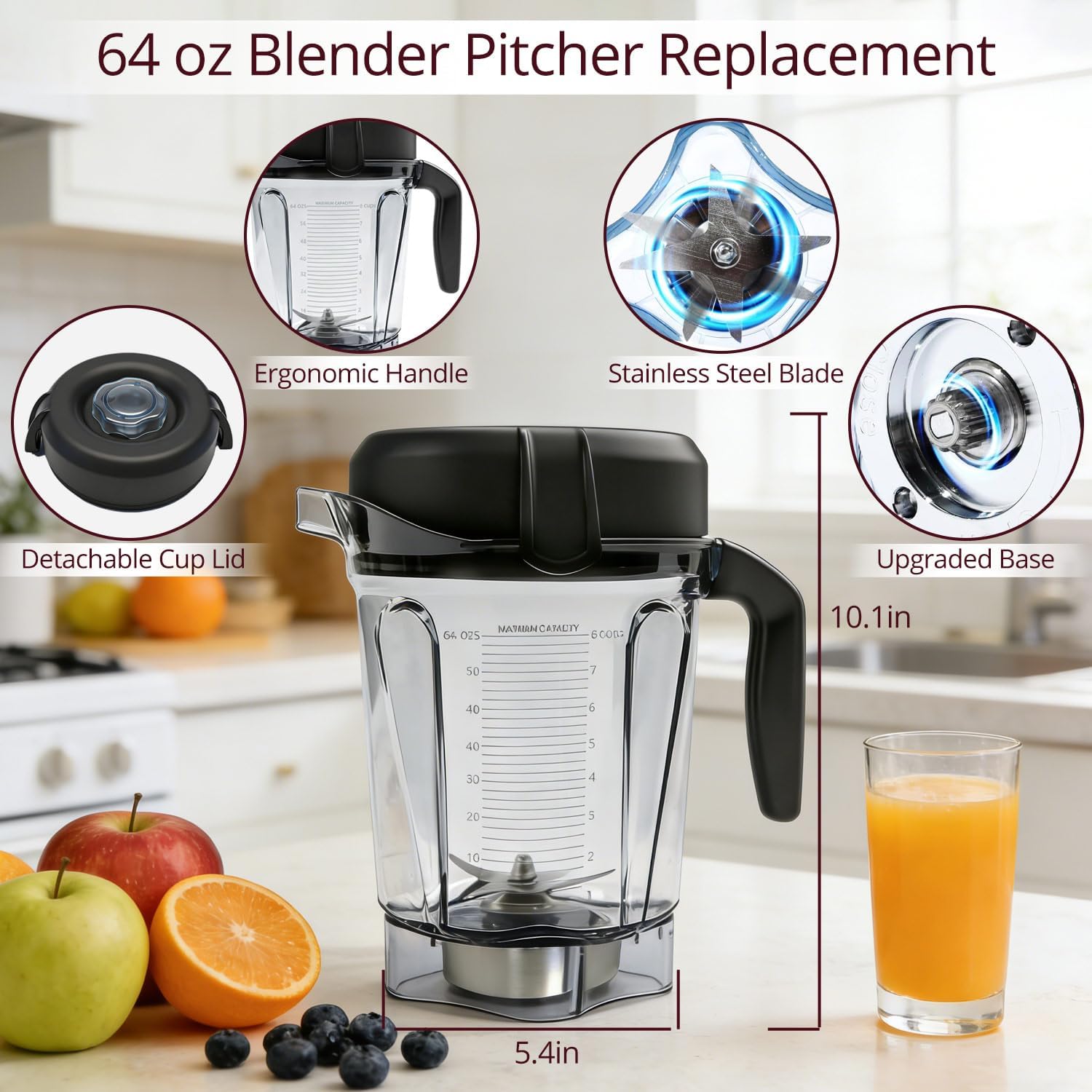 64oz Low-Profile Blender Pitcher Container, Compatible with Vitamix 5200 750 7500 6300 VM0102 VM0103 VM0197 E310 Classic/Explorian/Commercial Series, BPA-Free Replacement Jar Cup