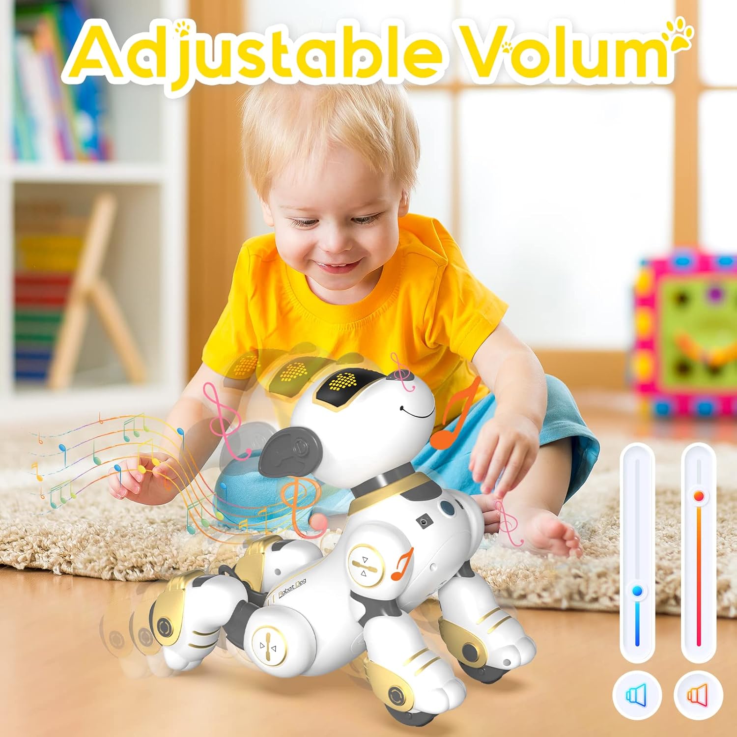 Image showing the dimensions of the robot dog (9.84 inches height, 5.5 inches width, 9.44 inches length) and close-ups of its features: Non-Slip Foot, LED Eyes, Flexible Ear, and Strong Tail.