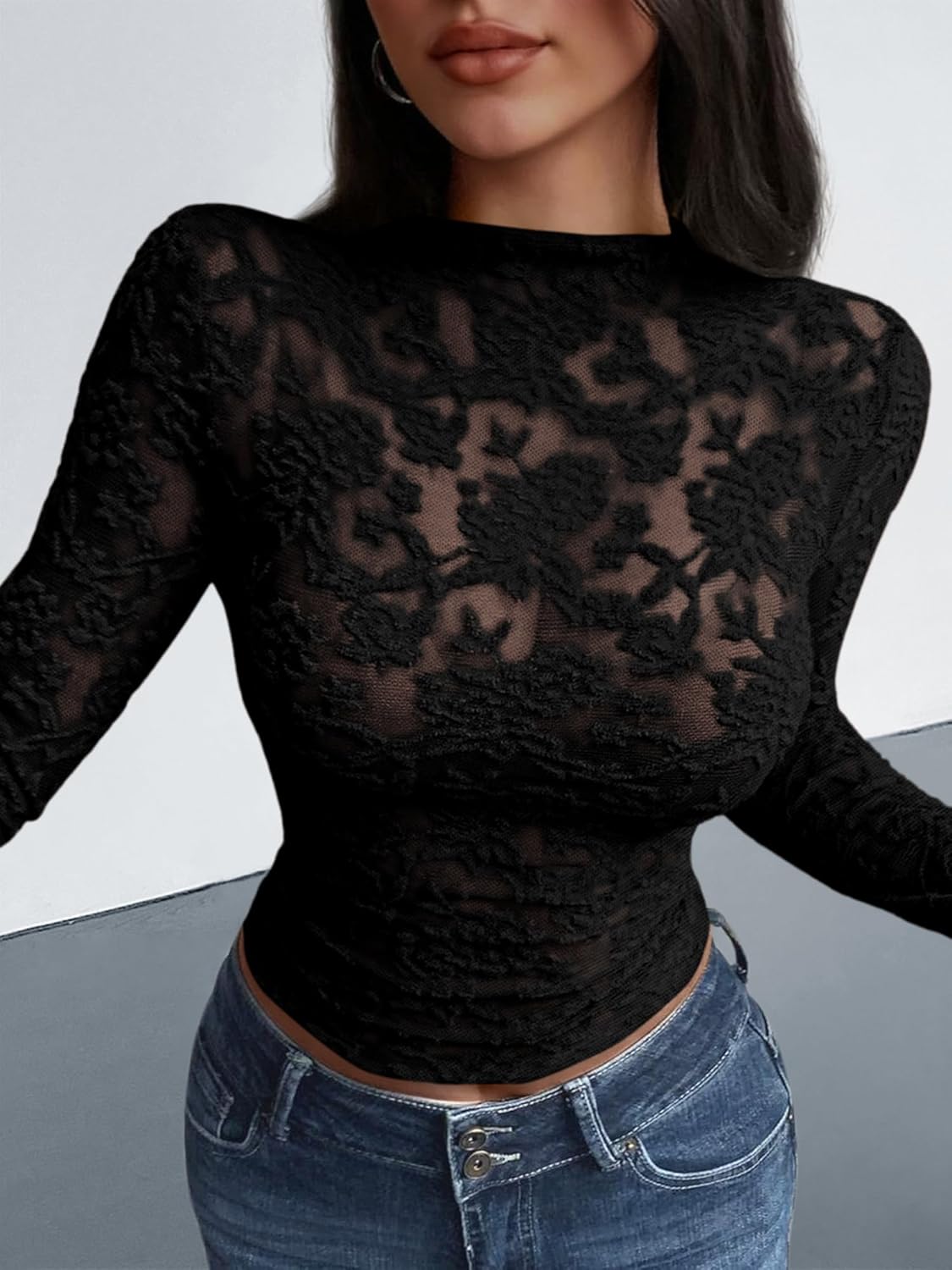 BTFBM Mesh Long Sleeve Tops for Women Lace Sexy Sheer Tight See Through Crew Neck Spring Fall 2026 Party Club Outfits - Image 5