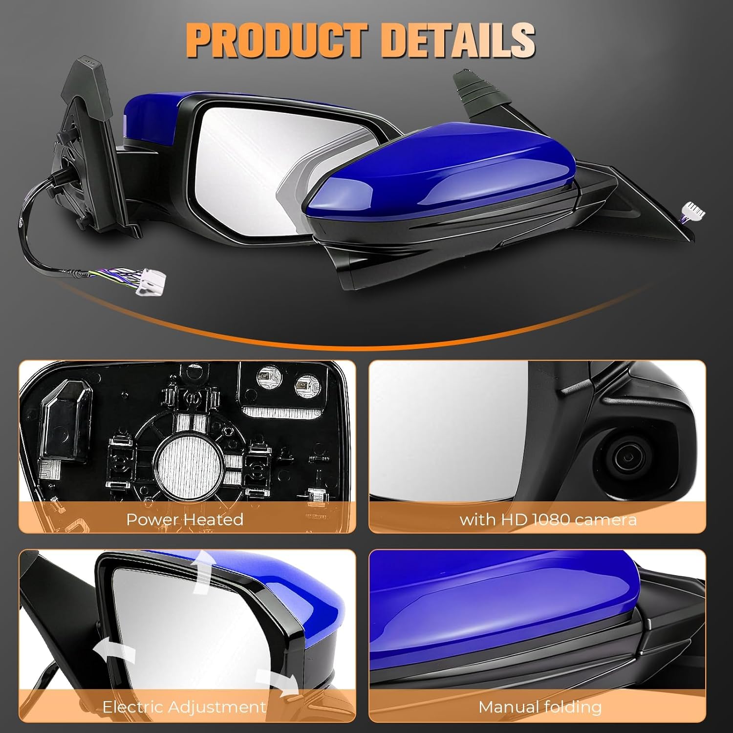 Passenger side rear View Mirror Assembly compatible with Honda Civic 2016-2021 replace 76201-TBA-A11ZF 76208-TBC-A03ZA right side Door Mirror 11 pins with camera power heated blue