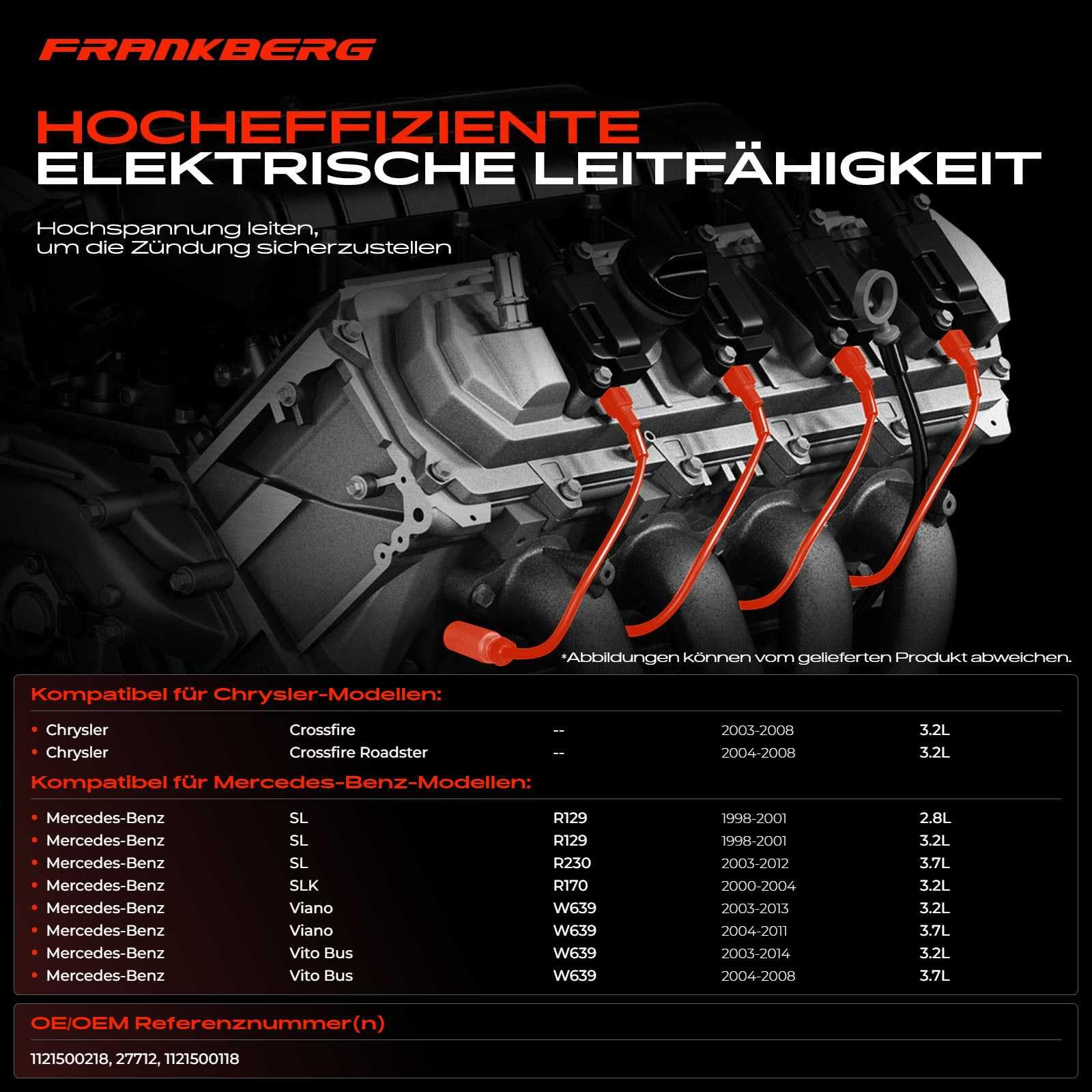 Frankberg 12x Zündkabel Kompatibel mit Crossfire 2003-2008 W202 C240 C280 1997-2000 S202 C240 C280 1997-2001 W210 E240 E280 E320 1996-2002 Replace# 1121500118