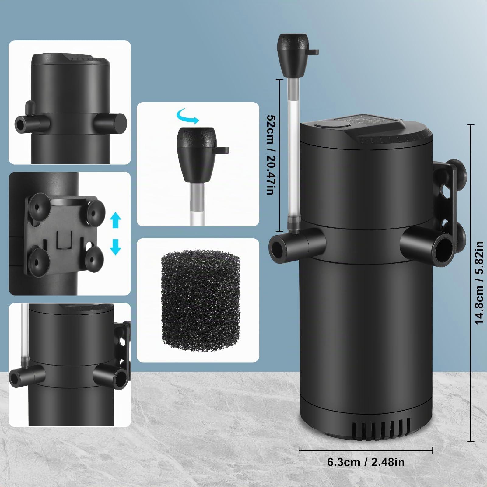 Filtro interno per acquario con flusso da 8 W 500 L/H per acqua pulita, flusso d'aria regolabile, basso rumore, onde e silenzioso
