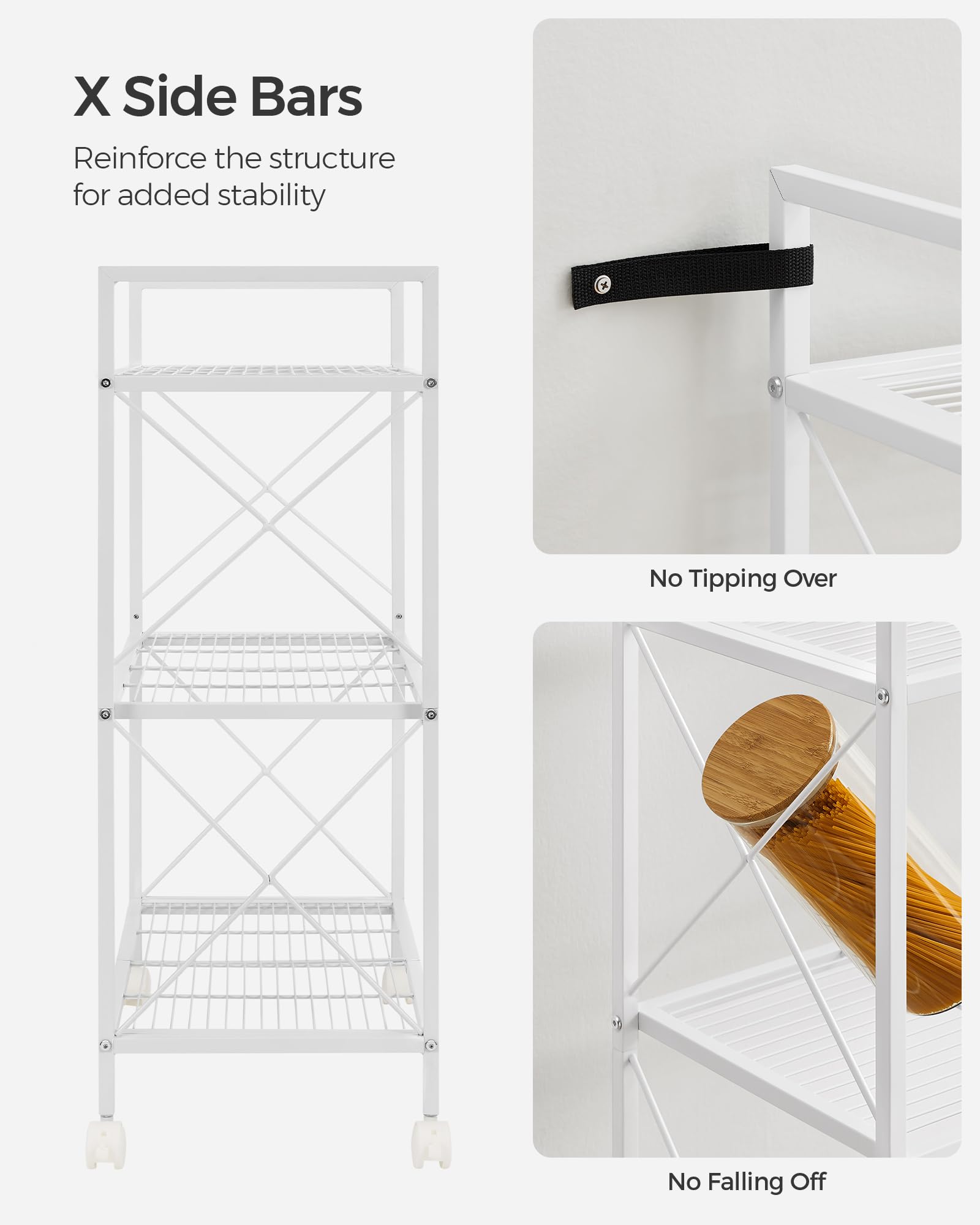 SONGMICS 3-Tier Metal Storage Rack with Wheels, Mesh Shelving Unit with X Side Frames, 23.6-Inch Width, for Entryway, Kitchen, Living Room, Bathroom, Industrial Style, White UBSC163W01