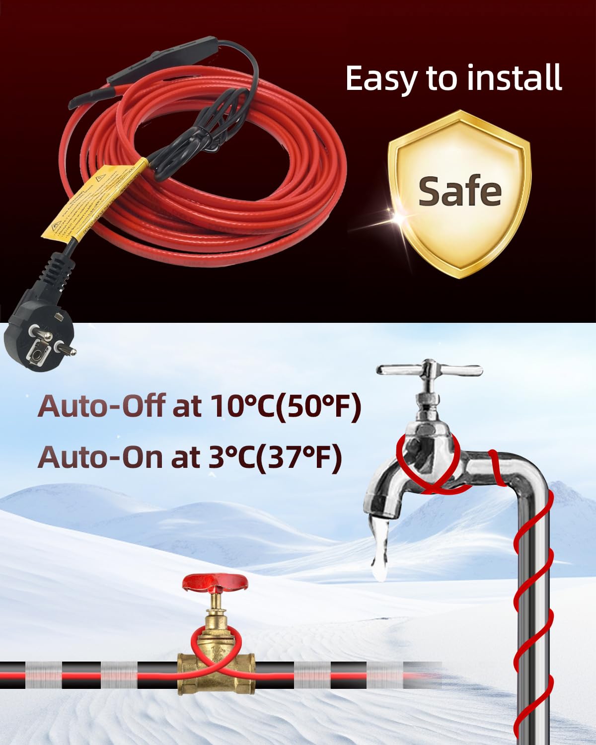 Câble chauffant antigel autorégulateur 25 W/M 230 V IP65 14 m avec thermostat et fiche Schuko