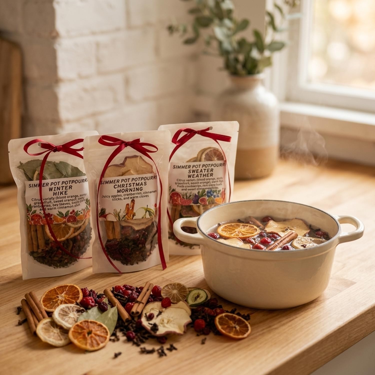 Simmer Pot Potpourri Kit – Confezione da 3 pentole naturali con fette di arancia essiccata, fette di mela, chiodi di garofano interi e bastoncini di cannella, fragranza autunnale e invernale per la