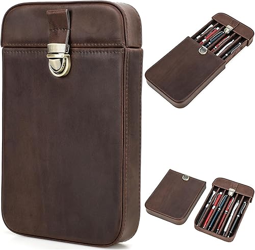 Vista 246 de Top Grain - Estuche organizador de cuero genuino para 12 bolígrafos y lápices, diseño minimalista sólido, hecho a mano, cierre magnético con cajón
