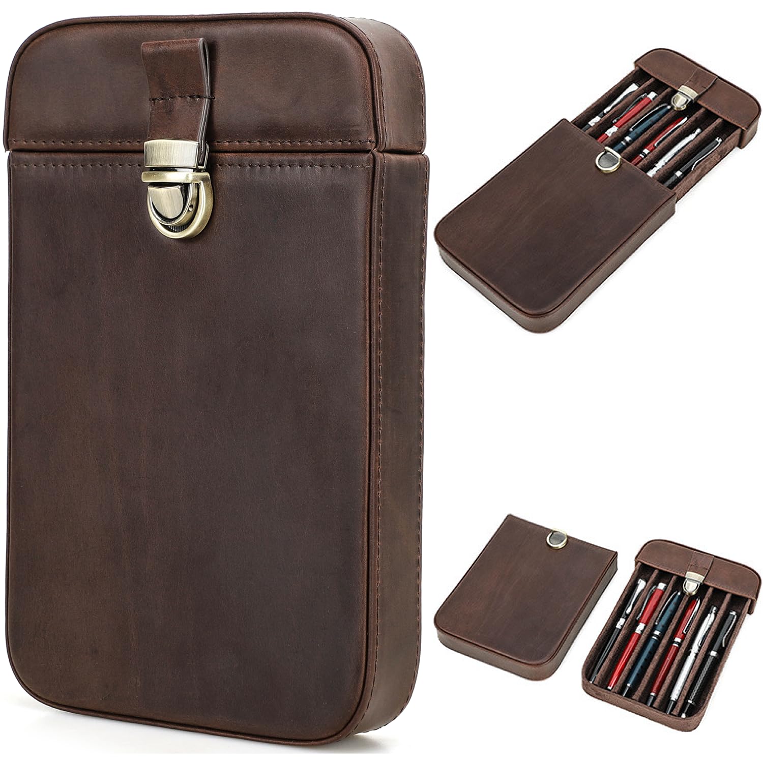 CataPurus Top Grain Genuine Leather 6 Fountain Pen/Pencil Tray Case Holder, Handmade Minimalist Design, Brass Plug-in Lock with Drawer Design, Gift Choice for Man/Woman/Office, Matte Coffee, 6 Slots — image 1