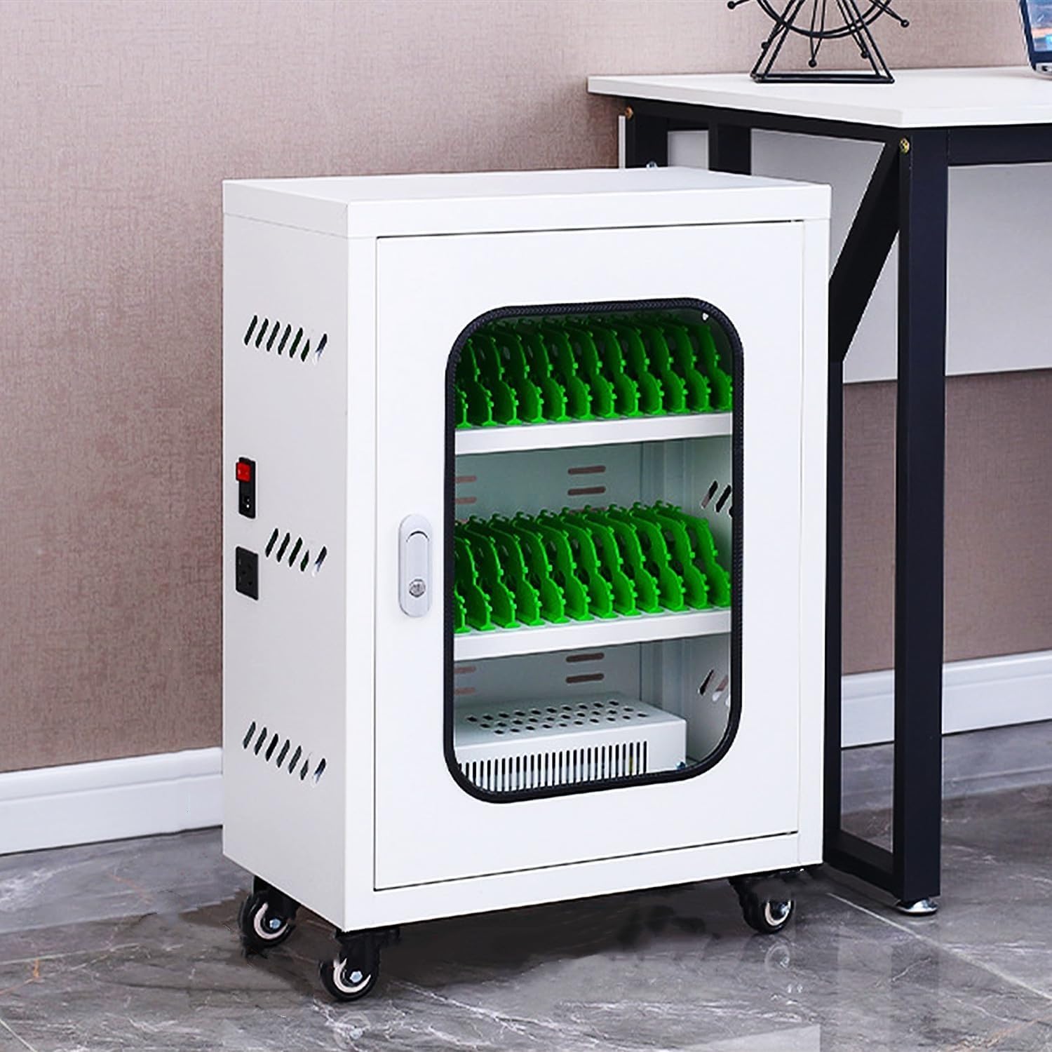 Mobiletto Organizer per cellulari con Ruote e Funzione di Ricarica, Contenitore Multi-Scomparto Ricaricabile Tramite USB (50 Scomparti)