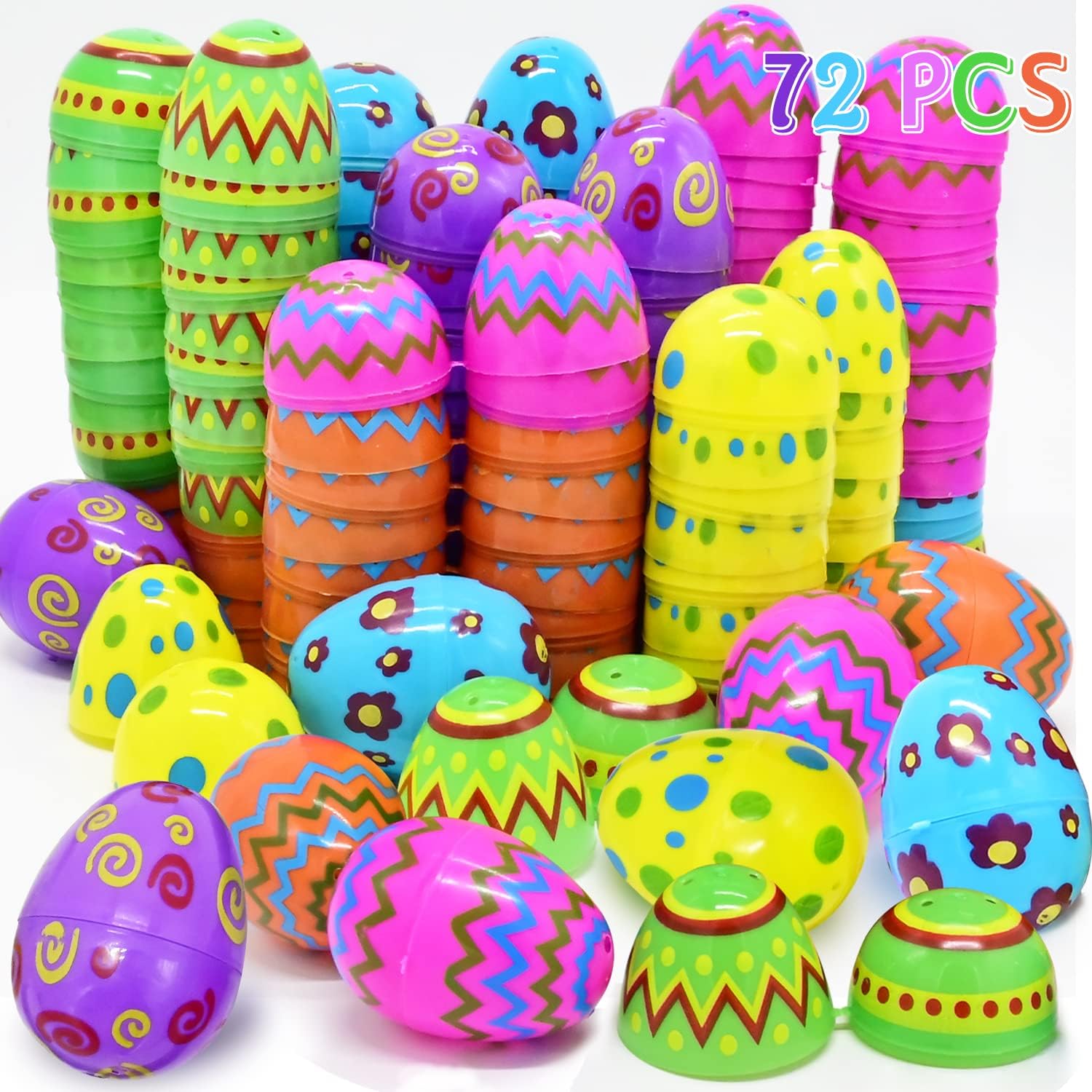 72Pcs Plastic Printed Bright Easter Eggs, 2.4" Assorted Colors Fillable Eggs Bulk for Kids Easter Hunt/Event, Easter Gifts Party Favor, Basket Stuffers Fillers, Empty Easter Eggs Filling Treats