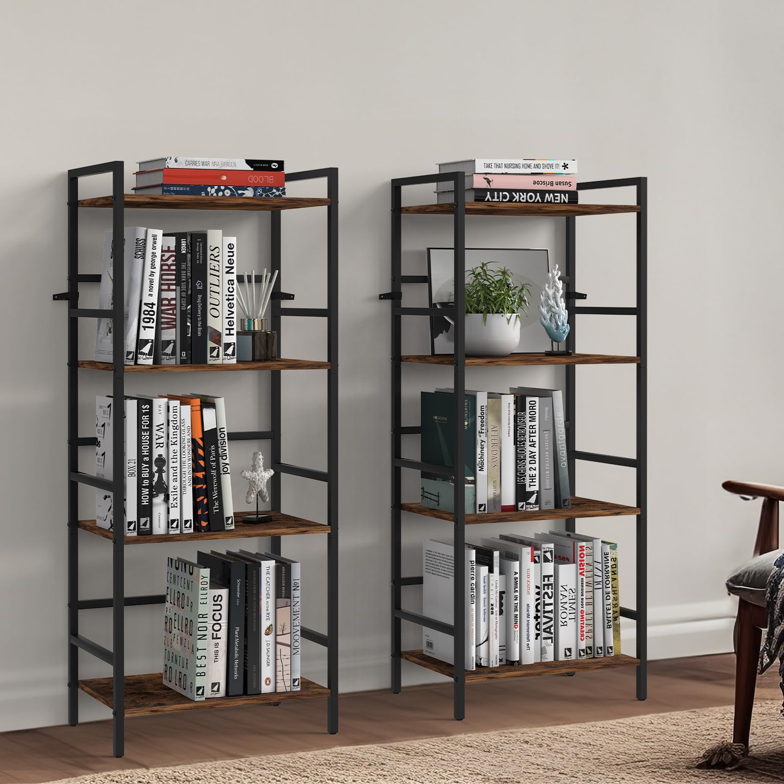 CADUKE 4-poziomowa półka na książki z miejscem do przechowywania Industrial Open Etagere Bookcase Wood Metal Book Shelf Stand Brown Regały na książki do salonu, sypialni, biura