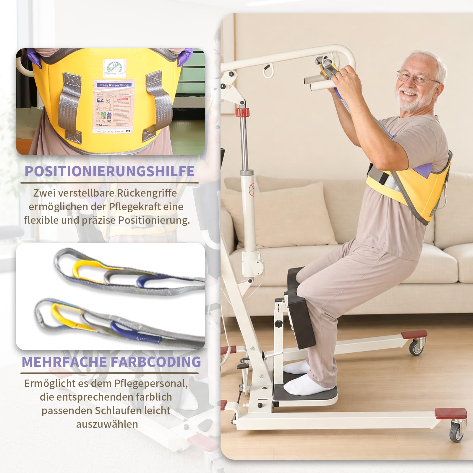 EZ Assistive Sitz-zu-Stand-Hebeschlinge für das Aufrichten oder Anheben von Patienten, gepolsterte Aufstehhilfe-Hebeschlinge zum Transferieren – maximale Traglast 500 lbs (Gelb, Mittel)