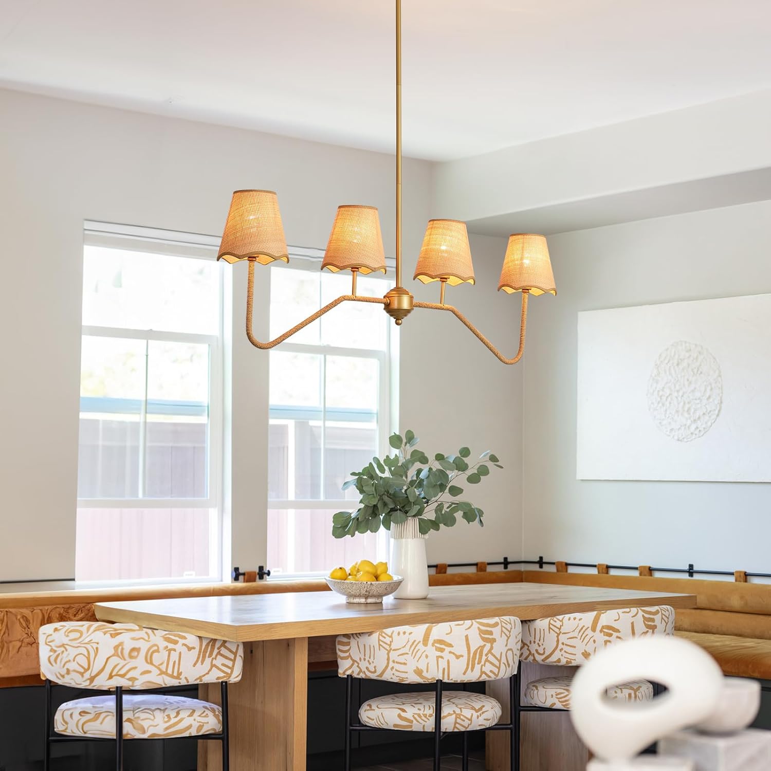 39" W Coastal Boho Rustic Rattan Chandelier, 4 - Light Gold Linear Pendant Light Fixture, Farmhouse Lighting for Kitchen Island, Dining Room Over Table Compatible with E12 Bulbs(Not Included)