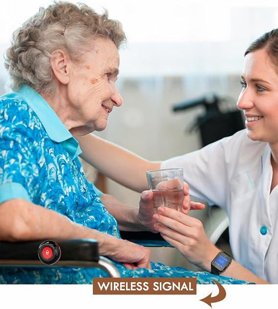 CallToU Wireless Caregiver Pager Call Button 500+Feet Nurse Alert System for Elderly Monitoring Waterproof Call Bell for Home 1 Receiver Wrist Pager 2 SOS Call Buttons