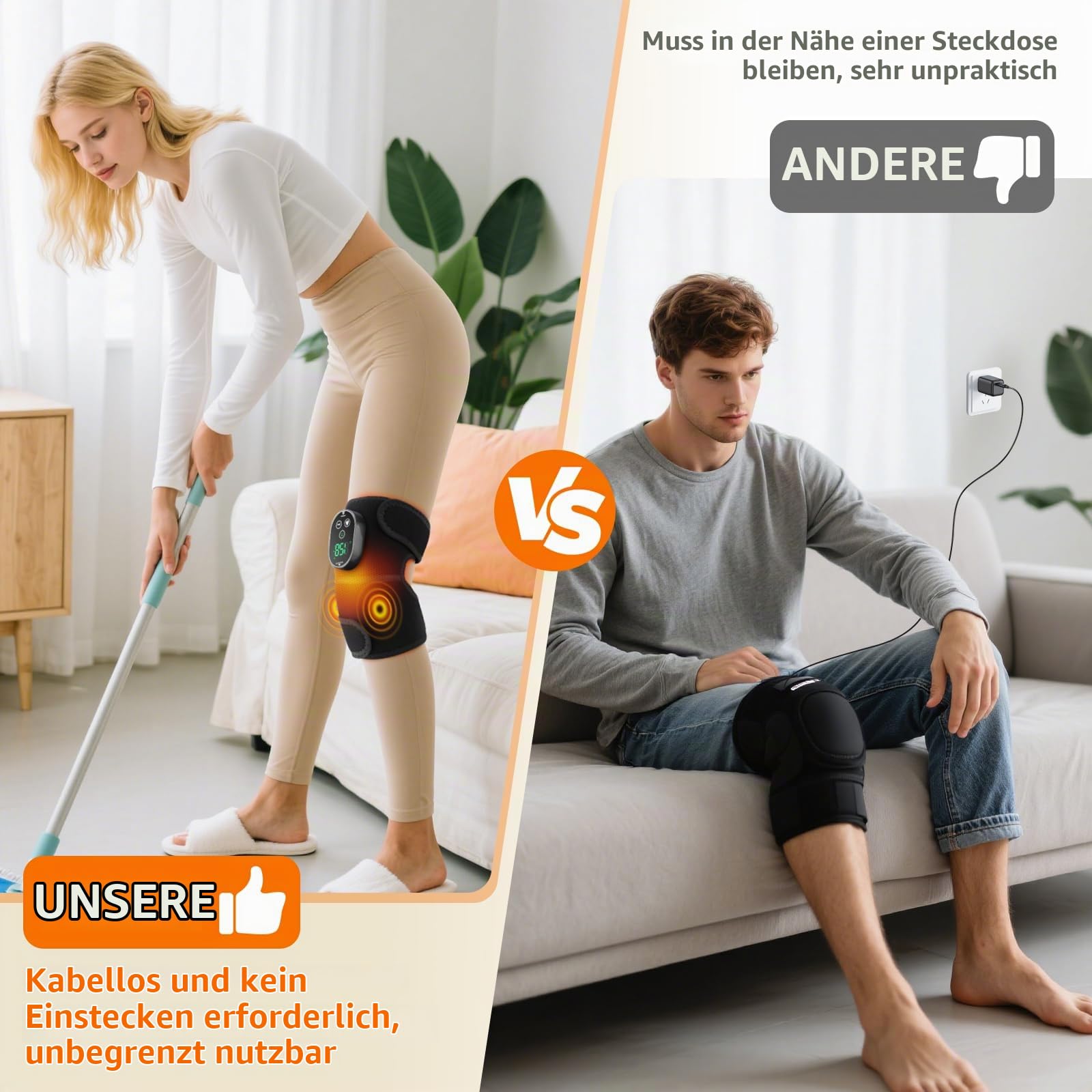 Knie Massagegerät Kabelloser mit 3 Vibration 6 Heizstufen 3 Timer Schwarz