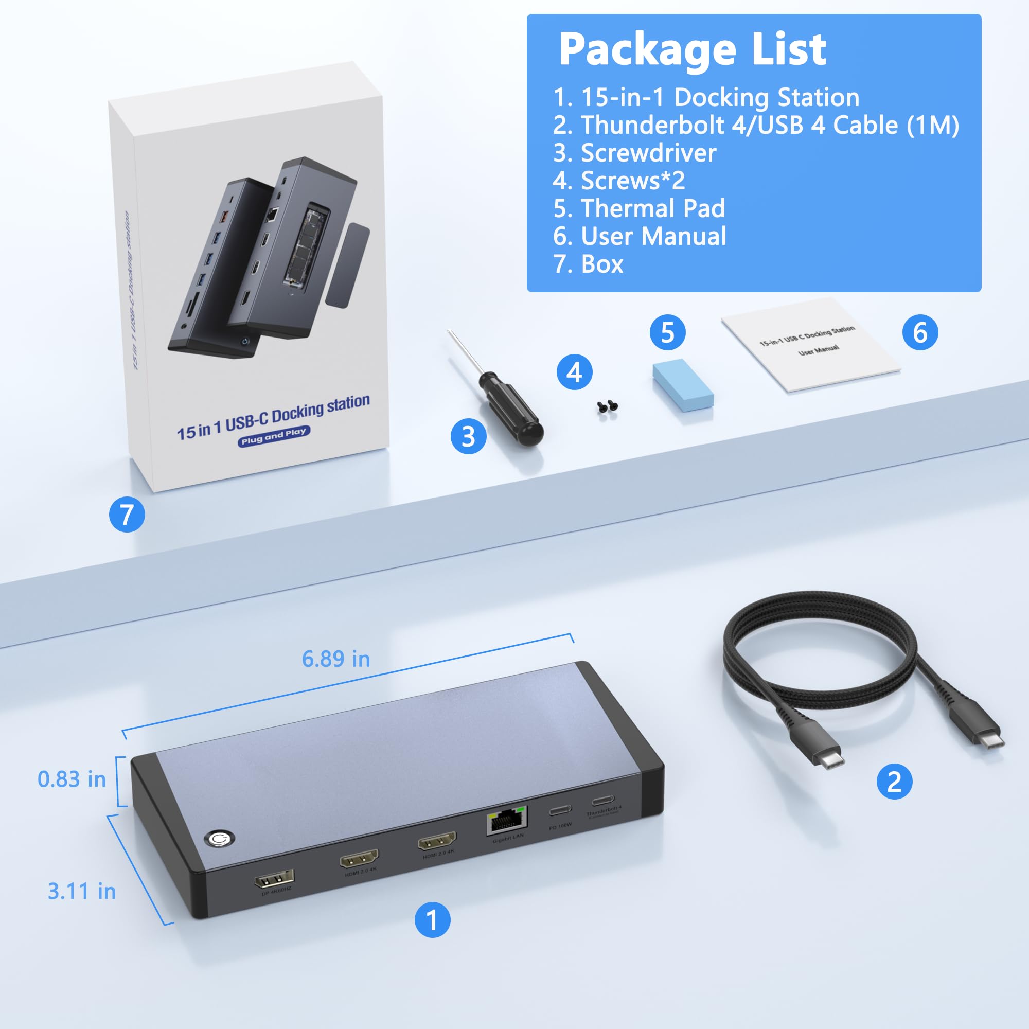 Docking station per laptop 3 monitor per Dell/HP/Lenovo/Mac, 15 in 1, docking station USB C, doppio monitor con slot SSD M.2 NVMe, dock triplo display 4K a 60 Hz con HDMI/Displayport/PD/LAN/SD/TF