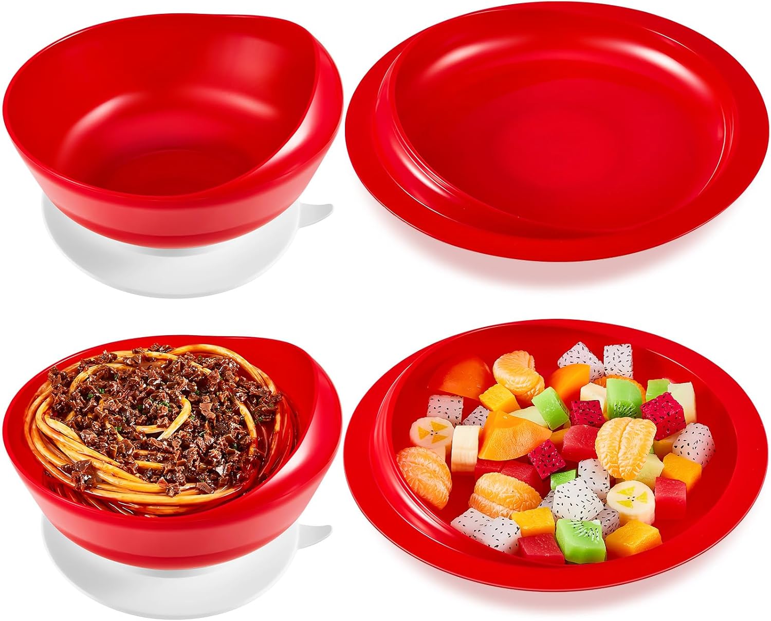 Hushee Adaptive Spill Proof Scoop Bowl and Plate Set with Suction Base Non Skid Self Feed Dinnerware for Elderly Disabled Handicapped from Parkinsons, Dementia, Stroke, Tremor(2 Sets,Red) 2 Red