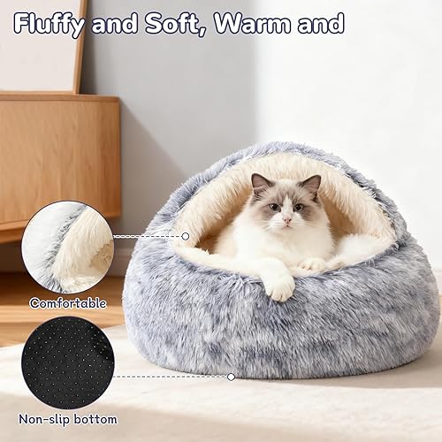 Miniatura 2 de Acogedora cama con capucha para perros y mascotas pequeñas, cueva lavable para perros y gatos, diseño antideslizante para mascotas de hasta 22
