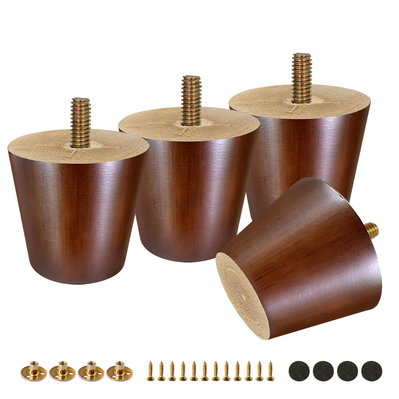 FoDau770 Brown Rubber Wood Furniture Legs 2 Inches, Straight Tapered Wood Feet Mid Century Sofa Legs Set of 4, 5/16" UNC Furniture Feet for Cabinet