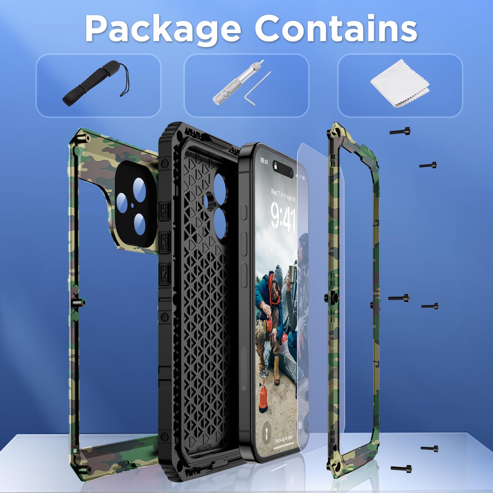 Mitywah Wasserdichte Schutzhülle für iPhone 16, stoßfest, strapazierfähig, mit integriertem Displayschutz, Unterwasser-Ganzkörper-Schutzhülle, Metallhülle, 6,1 Zoll, Camouflage