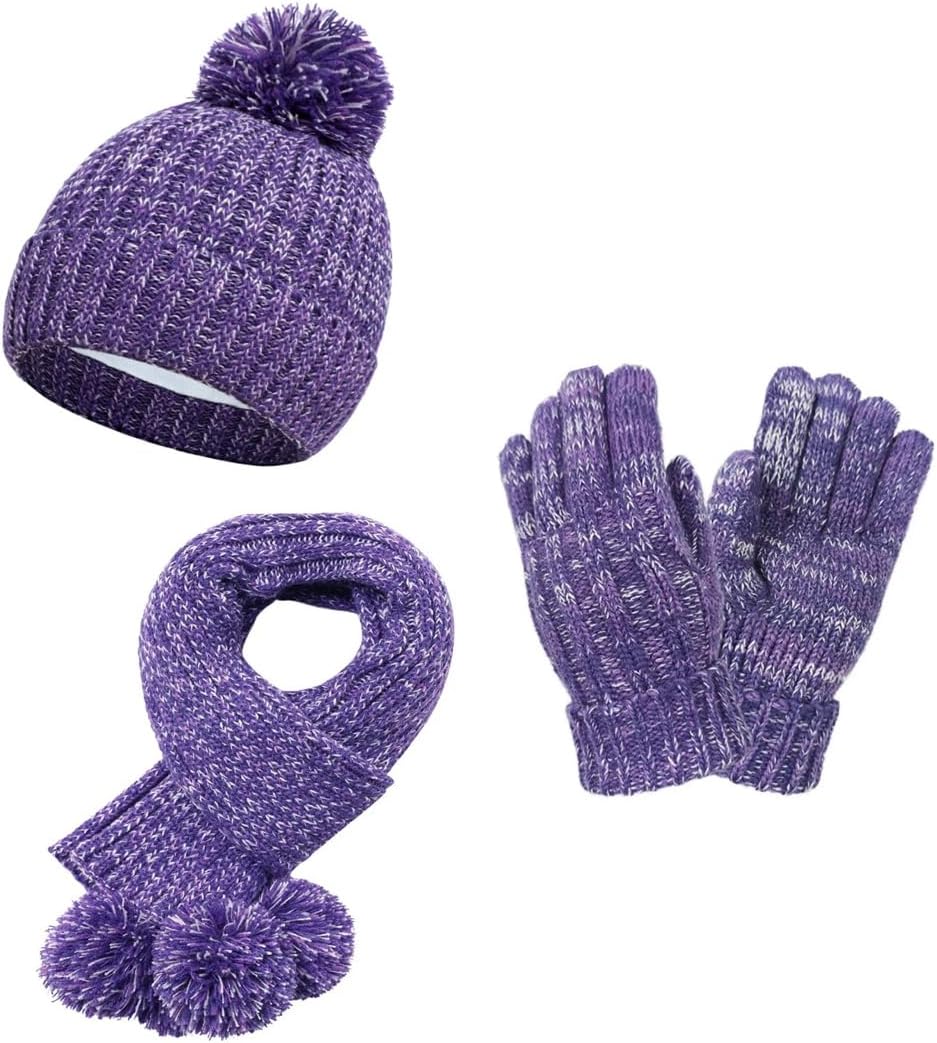 Girl Boy Hat Scarf Gloves Set Fuzzy Beanie Winter Warm Soft Knit Skiing Cap