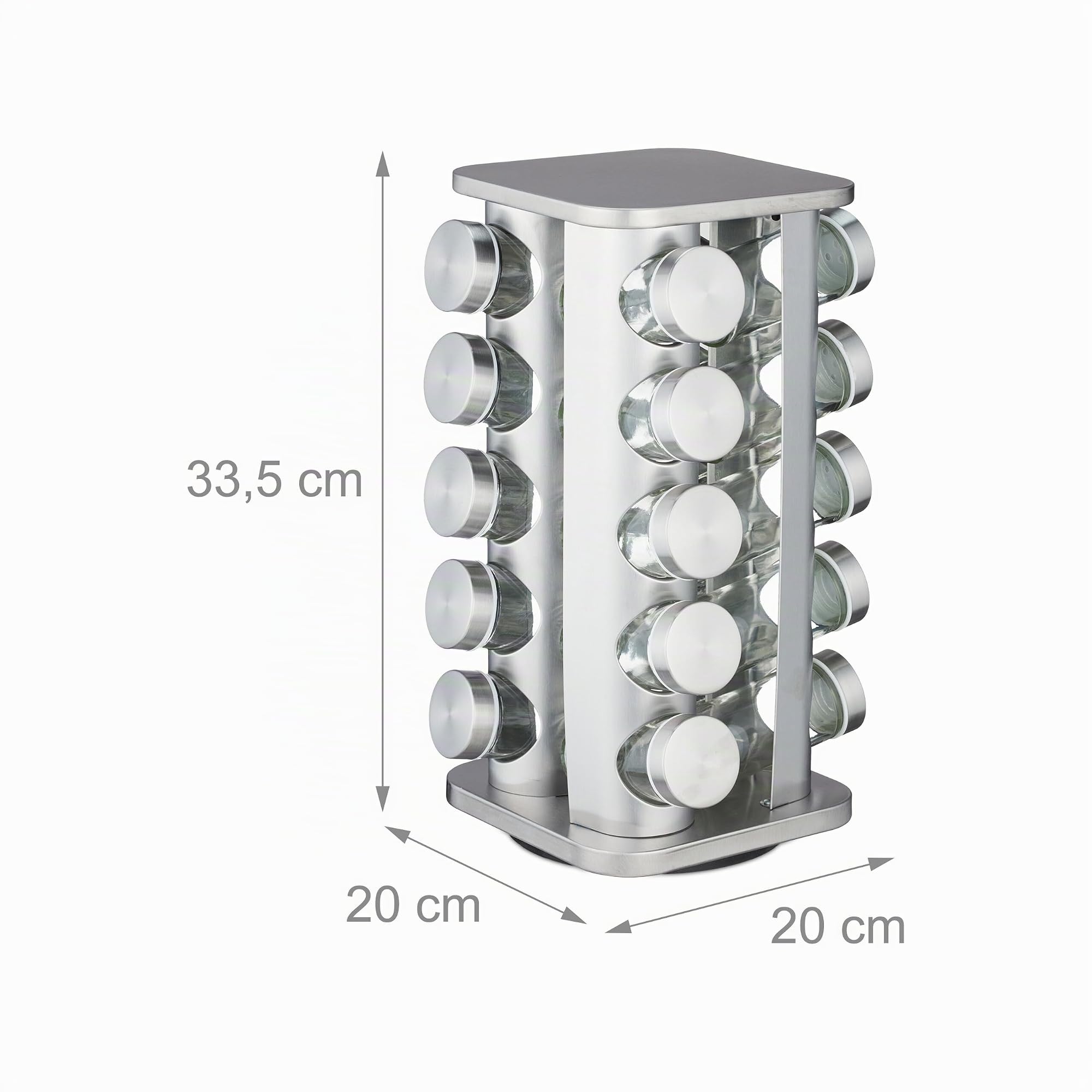 Relaxdays Tourniquet à épices, Acier INOX, 20 Pots en Verre, 40 étiquettes, Rotatif à 360°, HLP : 33,5x20x20 cm, argenté