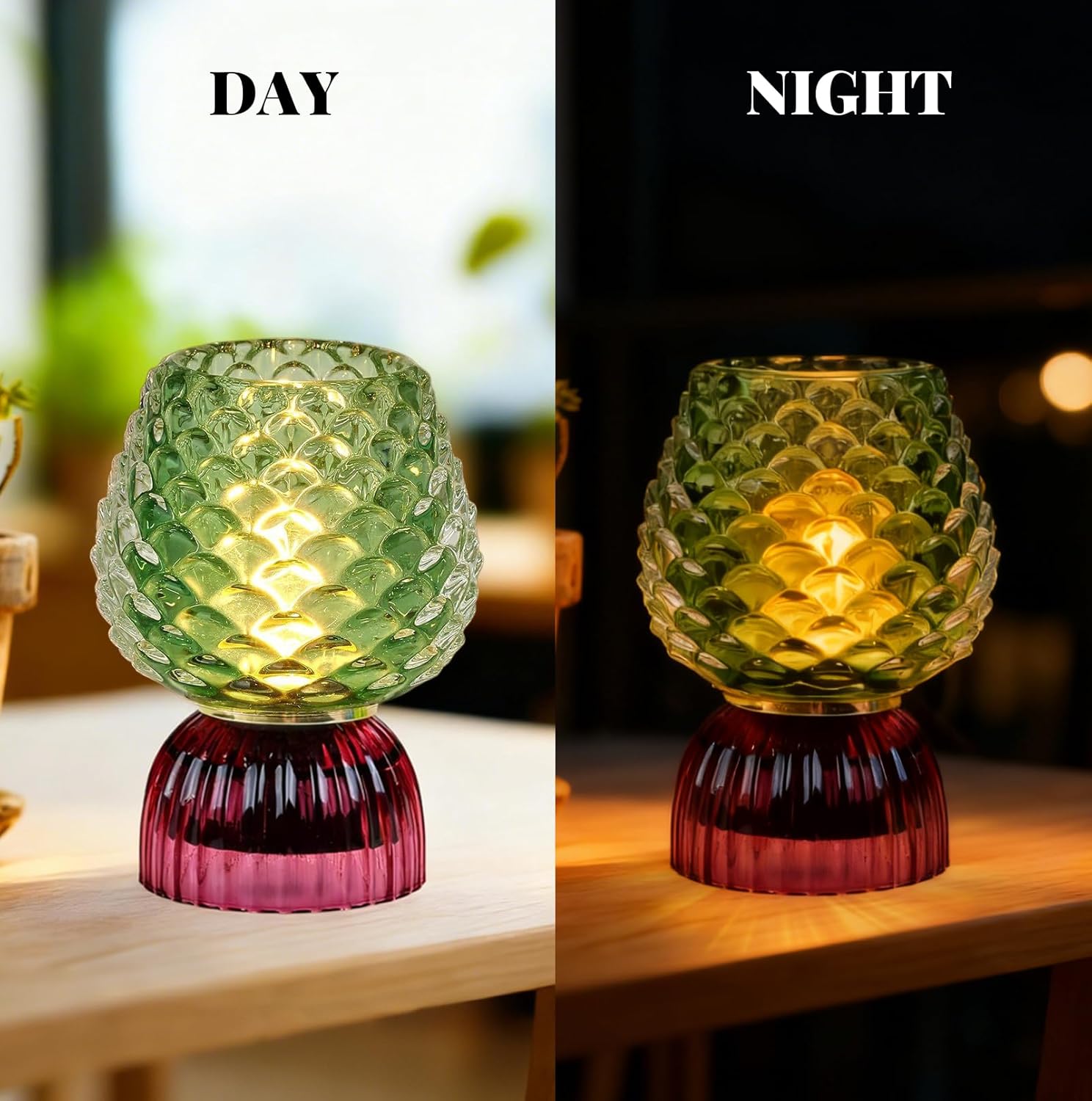 ONXE Cordless Table Lamp for Bedroom, Waterproof Battery Operated Shower Lamp with Auto-Off Timer, Cozy Vintage LED Night Light Green Glass Shade for Nightstand Living Room Bathroom Patio Camping