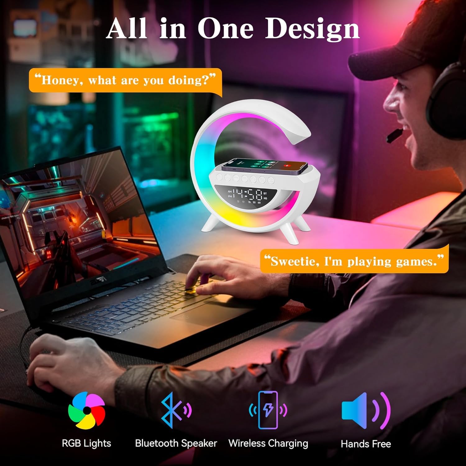 Lámpara con Cargador Inalámbrico 15W, Estación de Carga con Altavoz Bluetooth, Despertador Digital con Luz RGB y Luz Nocturna, Multifuncional para Dormitorio, Camping y Viajes