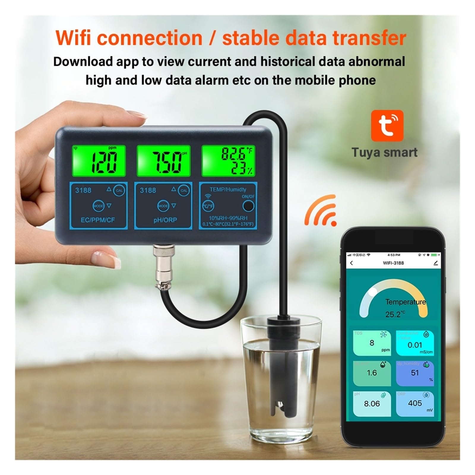 Misuratore PH WiFi Temp TDS (ppm) Tester Acqua ORP EC Tuya App Smart Monitor Analizzatore Digitale for Acquari Piscina Idroponica Rilevamento Rapido E Preciso