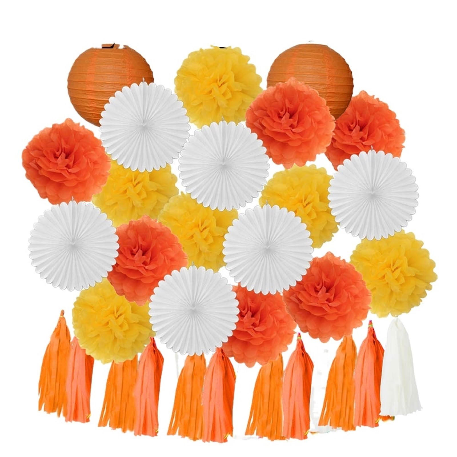 Paper Lanterns Boy Birthday Party Favor Hanging Paper Lantern Fan Wedding Decor Blue White Set Tissue Pompom Tassel(Orange Set)