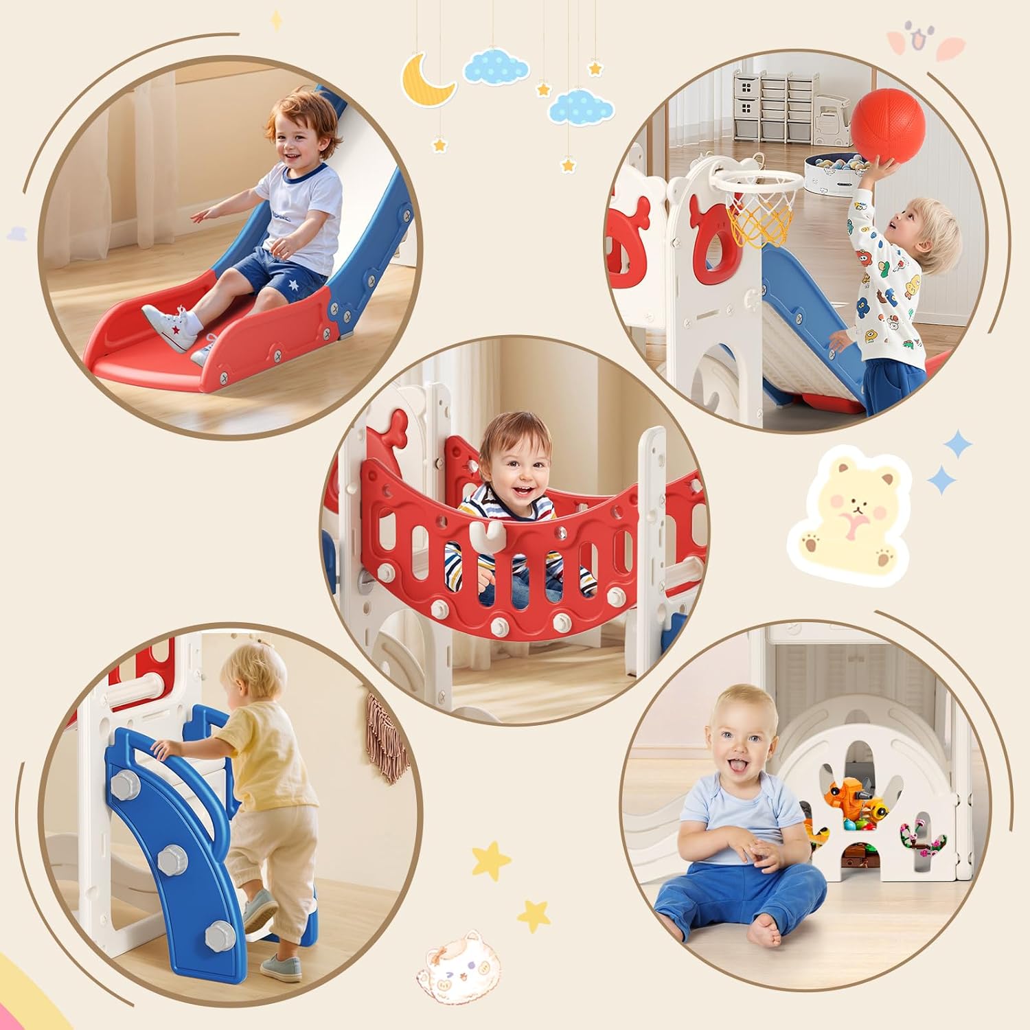 Toddler Slide, 10 in 1 Toddlers Playset New Upgrade with Kids Slide, Drawing Board, Golf Set, Basketball Hoop and Storage Space for Toddler Age 1-3, Backyard Playground Indoor and Outdoor (Blue Red)