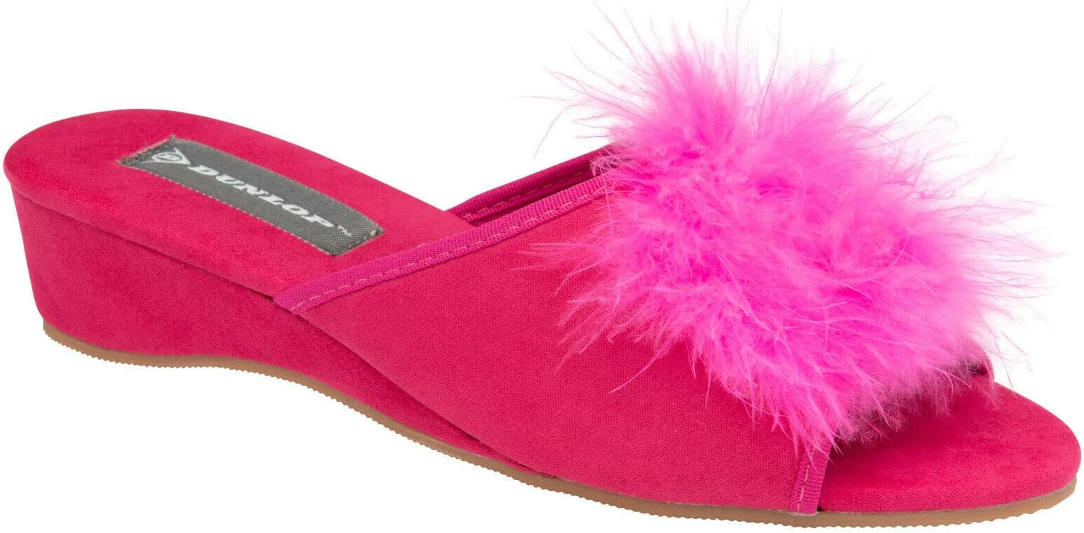 DUNLOP Ladies Famous Boa Jewelled Wedge Heel Mule Slippers UK Size 3,4,5,6,7,8,