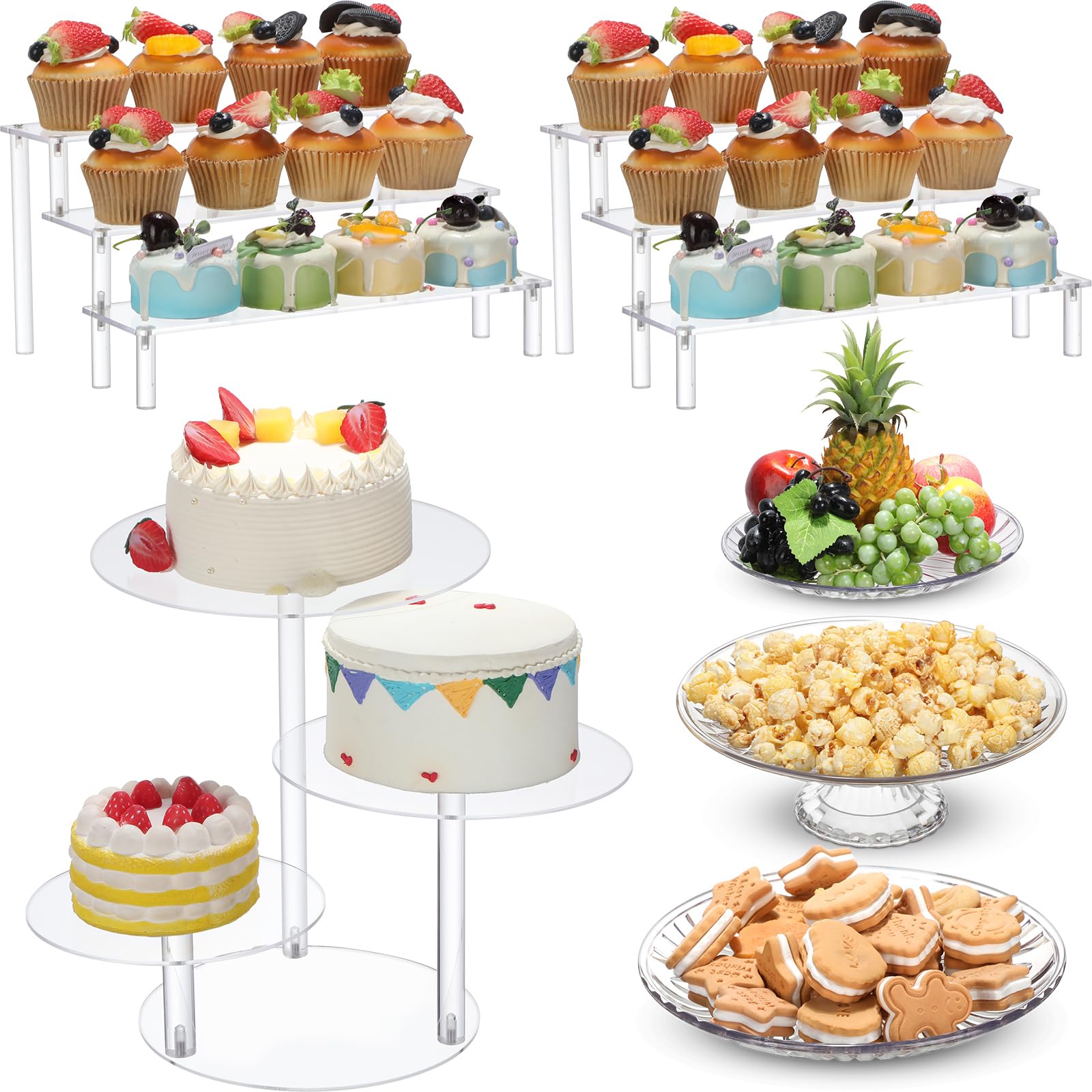 El juego de 6 soportes acrílicos para tartas incluye 2 elevadores de exhibición, 1 torre de cupcakes de nivel y 3 bandejas redondas transparentes para mesa de pastel para decoración de bodas