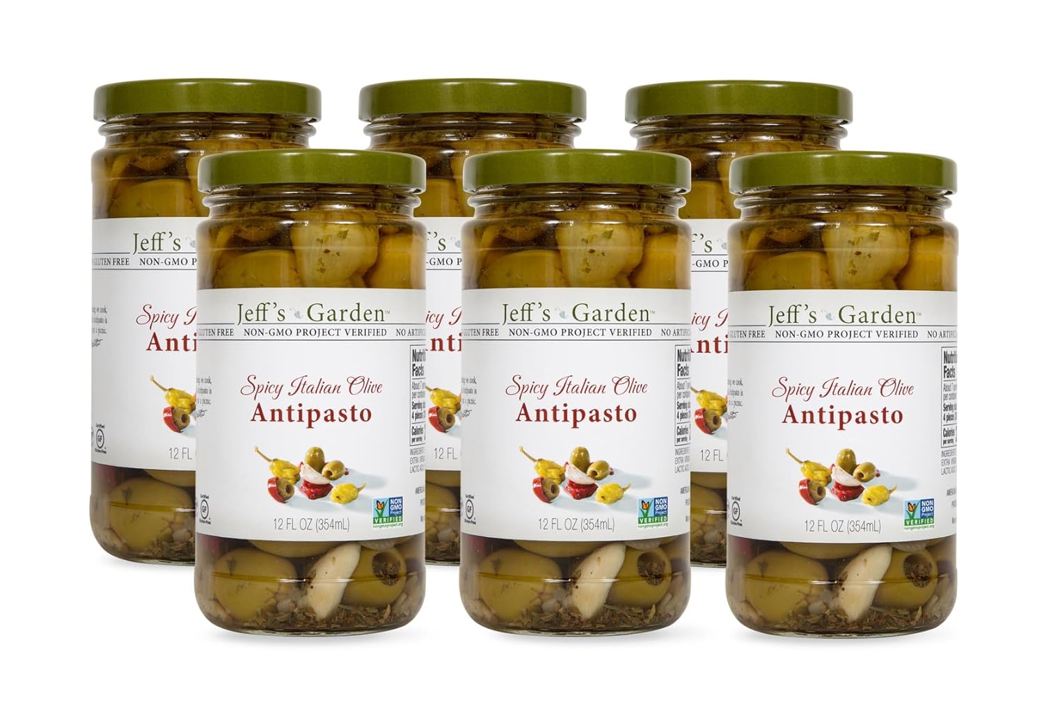 Jeff's Garden Spicy Italian Olive Antipasto | Non-GMO, Gluten Free, Keto, Vegan | 12 Fluid Ounce Jar (Pack of 6)