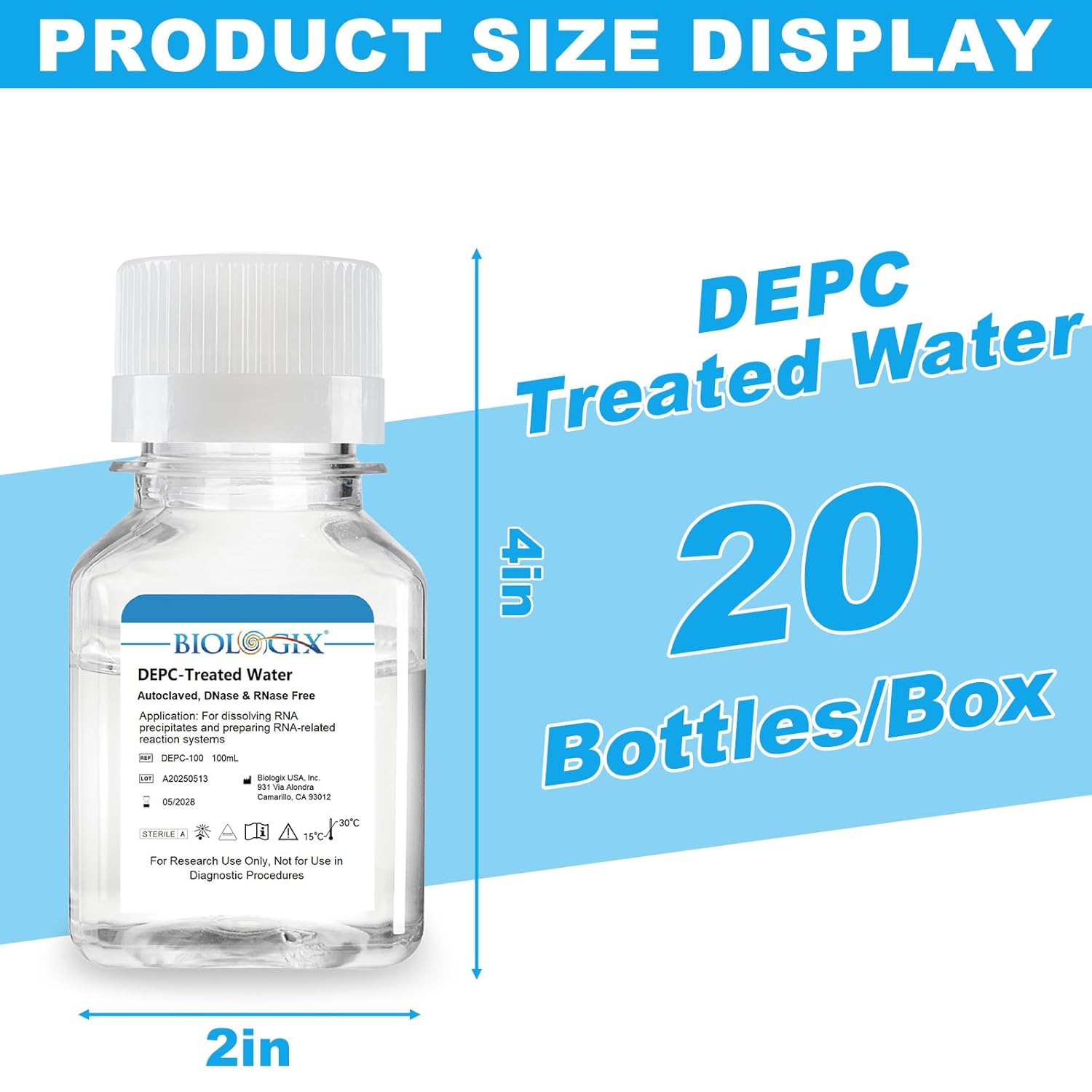 DEPC-Treated Water, Diethylpyrocarbonate-Treated Ultrapure Water, More Than 99.99% Purity, Lab-Grade Purified, Sterilization, RNase & DNase Free, Proteinase Free, 100ml/Bottle, 20 Bottles