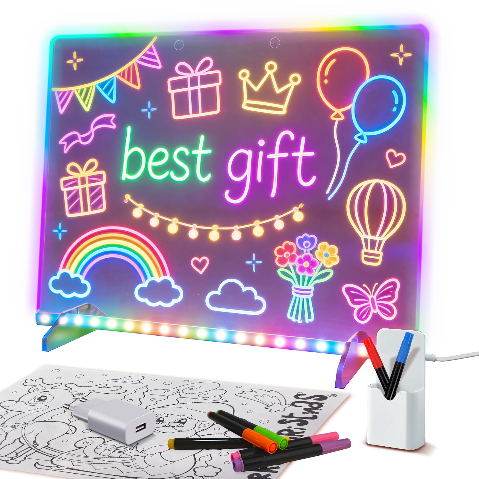 Led Zeichenbrett, Leuchtendes Led Zeichenbrett für Kinder mit 8 Farben & 6 Modi, 35x25cm Acryl Led Maltafel Kinder mit Adapter für Memo, Notiztafel, Werbung, Nachtlicht, Wanddekoration