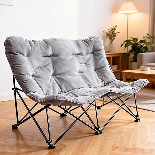 Miniatura 7 de Silla de camping doble acolchada de gran tamaño con respaldo alto, silla plegable y cómoda de alta resistencia, silla de mariposa para adultos,