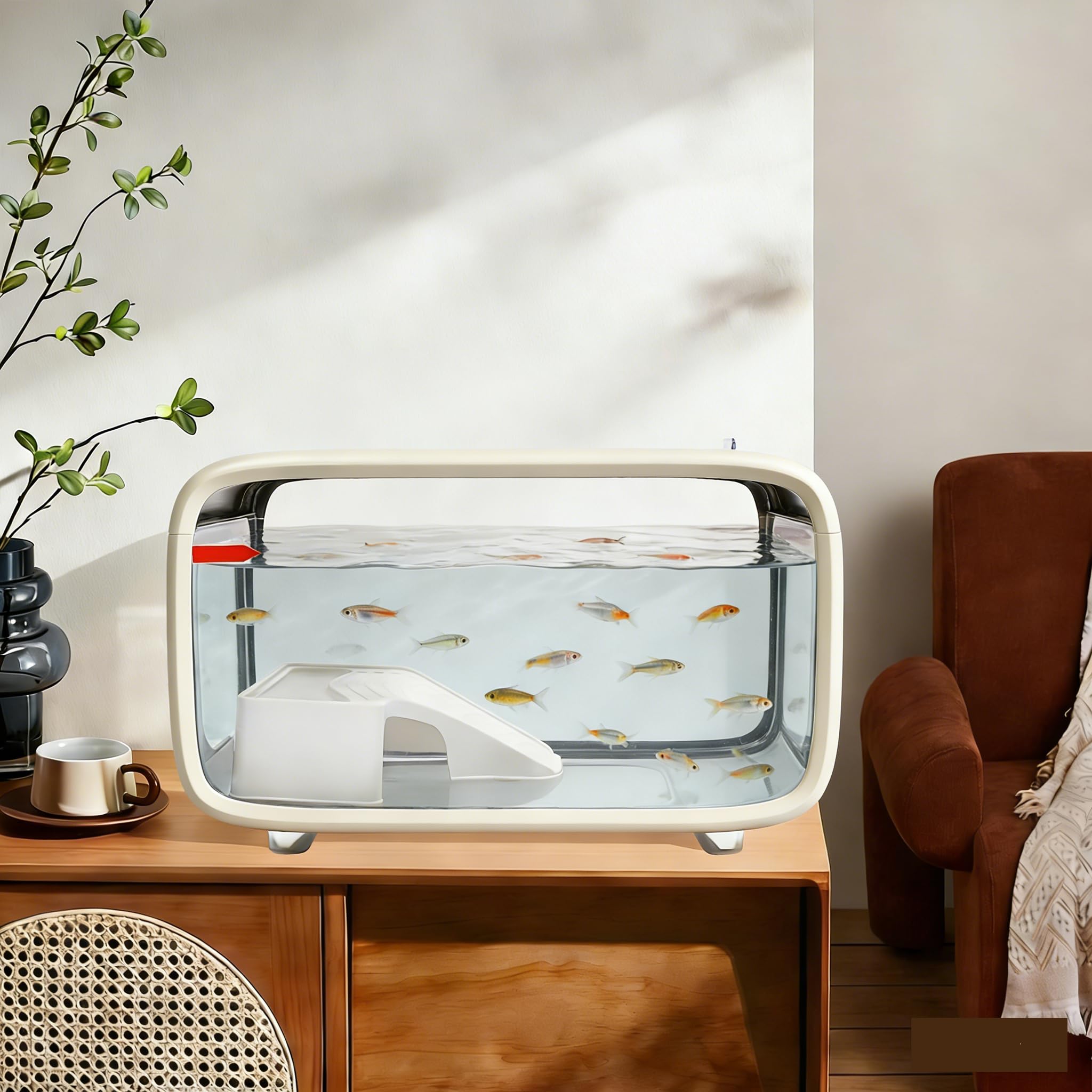 Tanque de peces, acuario de 3.2 galones con marco de escalada, tanque de plástico de escritorio para peces pequeños, camarones, agujero de alimentación y mango transparente con cubierta protectora