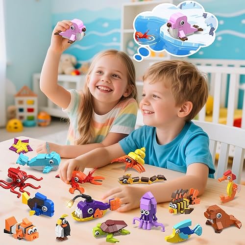 Miniatura 4 de Paquete de 30 recuerdos de fiesta de San Valentín para niños, 824 piezas de bloques de construcción de animales marinos para el día de San Valentín,