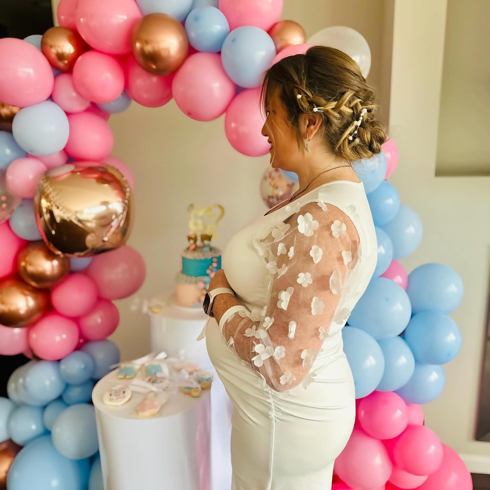 Kwiatowa siateczkowa z długimi bufiastymi rękawami, ciążowa midi, jesienna sukienka ciążowa bodycon, na baby shower, sesję zdjęciową.