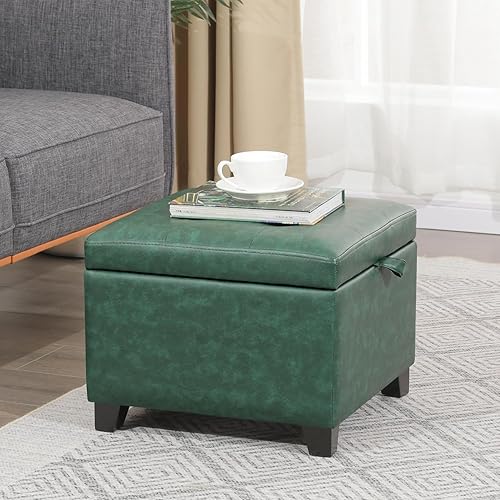 Vista 72 de Asense Otomana cuadrada de almacenamiento, reposapiés tapizado de piel sintética con patas de madera negra, marrón