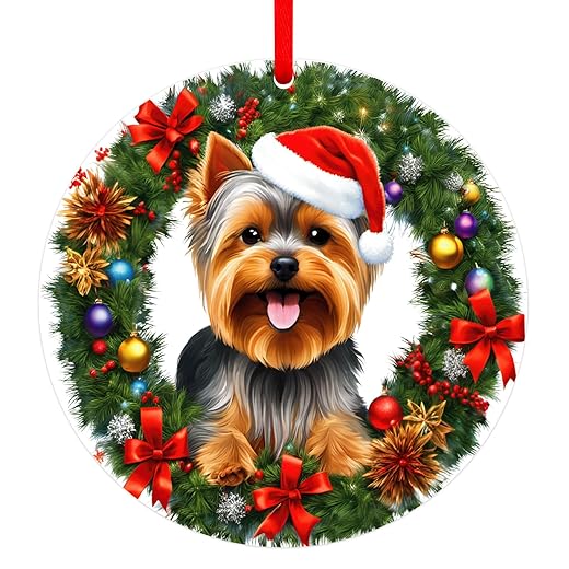 SICOHOME Yorkshire Terrier Christmas Ornament Yorkshire Terrier Gifts for Women and Dog Lovers Yorkshire Terrier Xmas Tree Ornaments Round Ornament with Gift Box Xmas Present for Yorkshire Lovers GIF