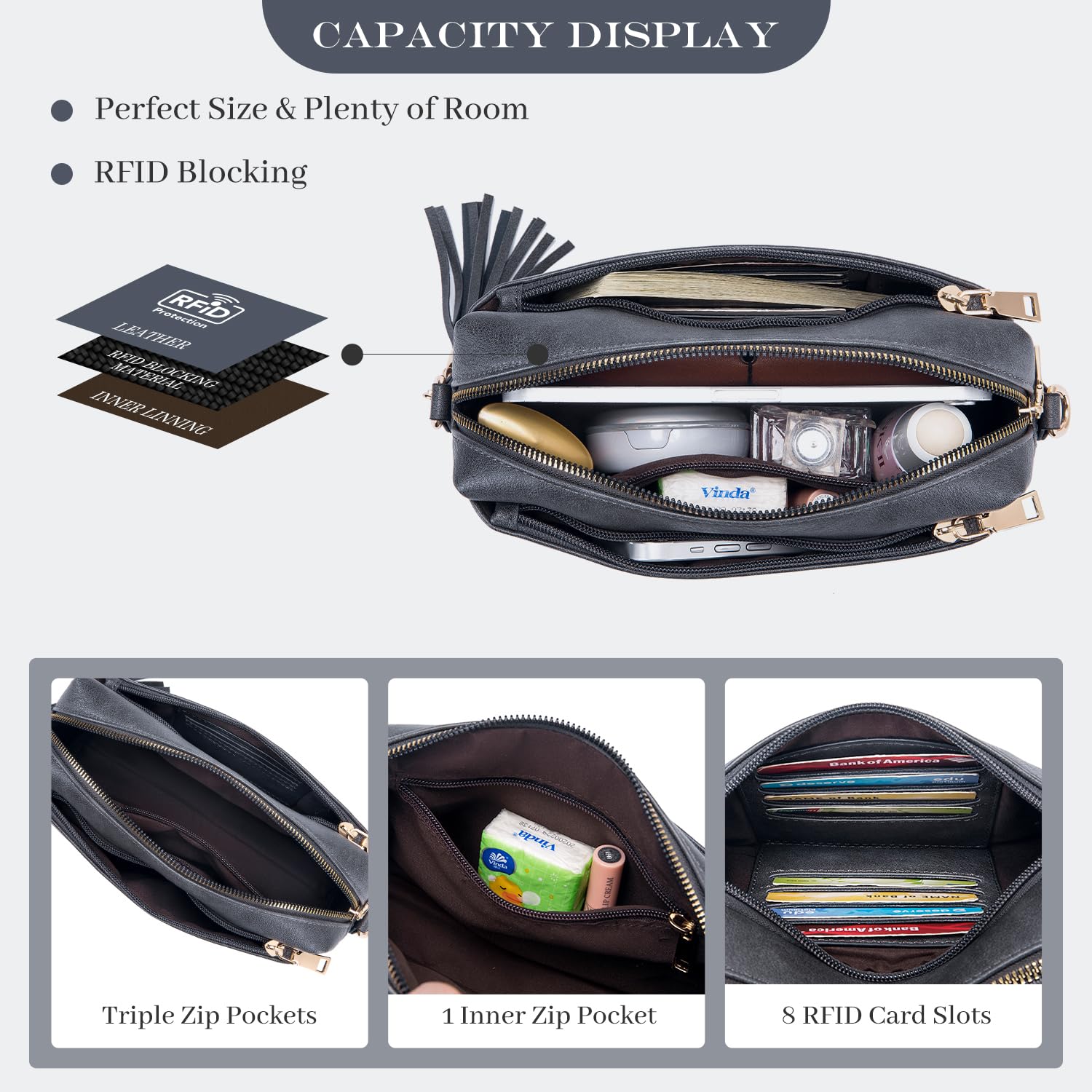 Roulens Piccola Borsa a Tracolla Donna con 3 Scomparti Capienti,Borsa Mano PU Pelle Messenger Crossbody Bag,Borsa a Spalla con Tracolla Ampia Regolabile e Rimovibile