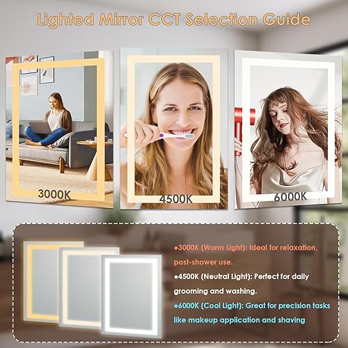 Miniatura 4 de Espejo de baño LED de 36 x 28 pulgadas, espejo de baño iluminado frontal con botón táctil inteligente, función de memoria, color ajustable de 3000