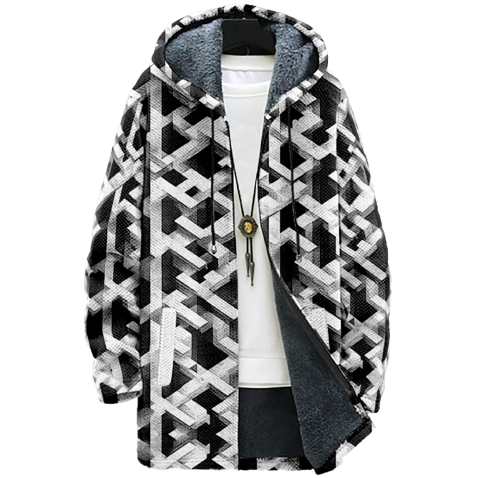 MARSVOVO Retro Patchwork Long Hooded Cardigan for Men Casual Stylish Fleece Lined Zip Up Hoodies Spring Fall Warm