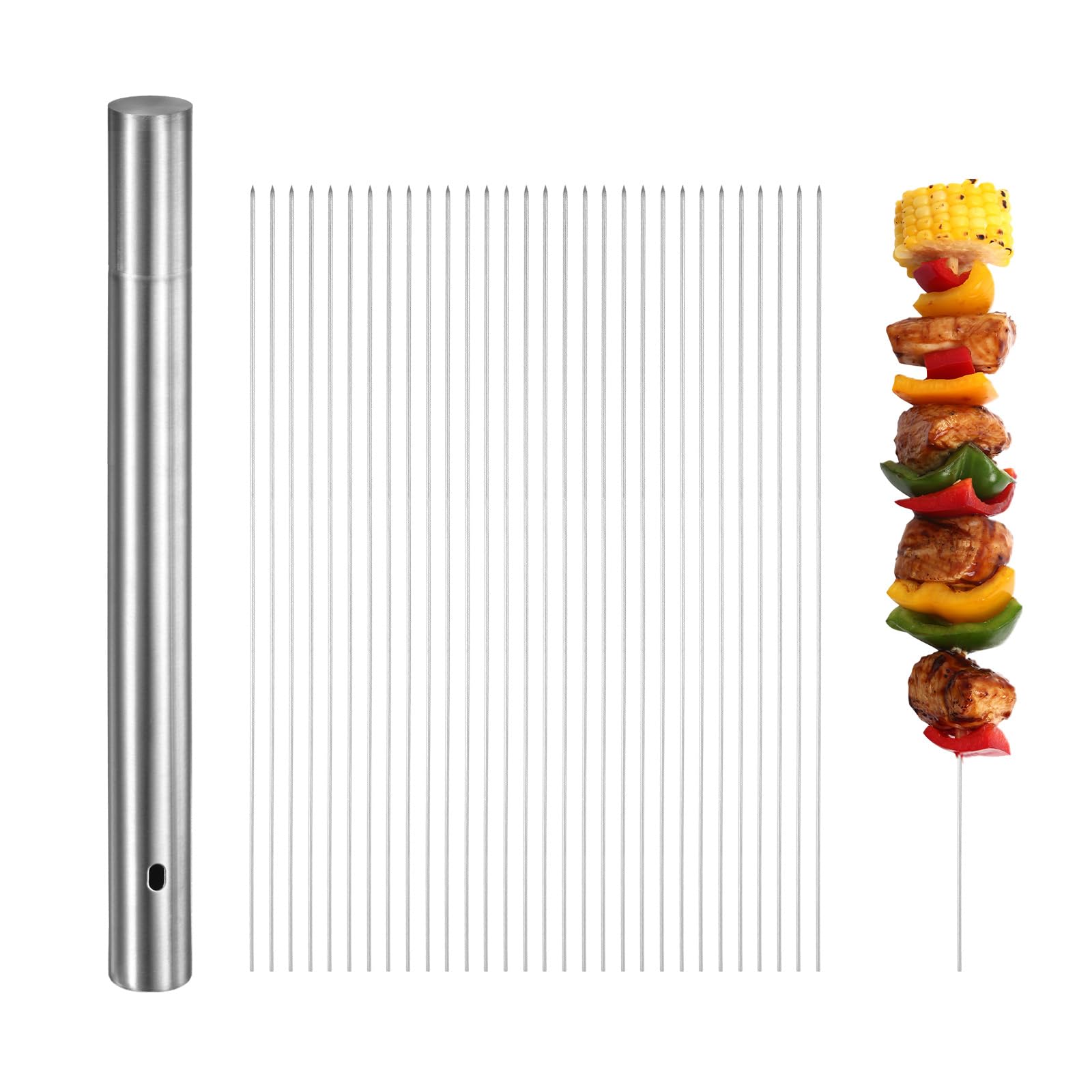 M METERXITY 100-Pack Metal Kabob Skewers, 13 Inch 304 Stainless Steel Barbecue BBQ Skewers for Grilling with Portable Storage Tube for Party/Outdoor