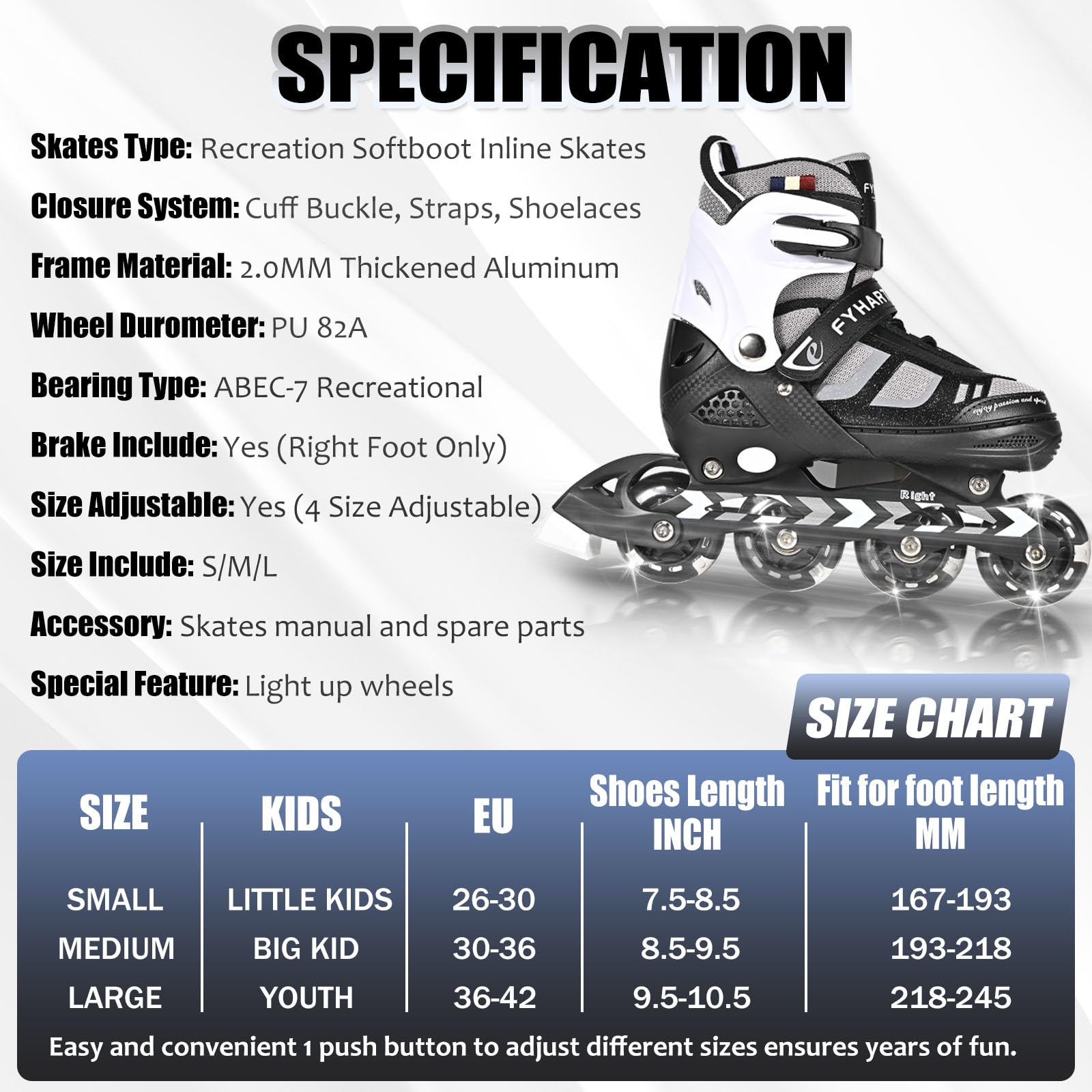 Patines en línea Ajustables para niños y niñas, Patines en línea de 4 Ruedas para Adolescentes y Adultos con Ruedas Luminosas para Deporte, Negro y Blanco