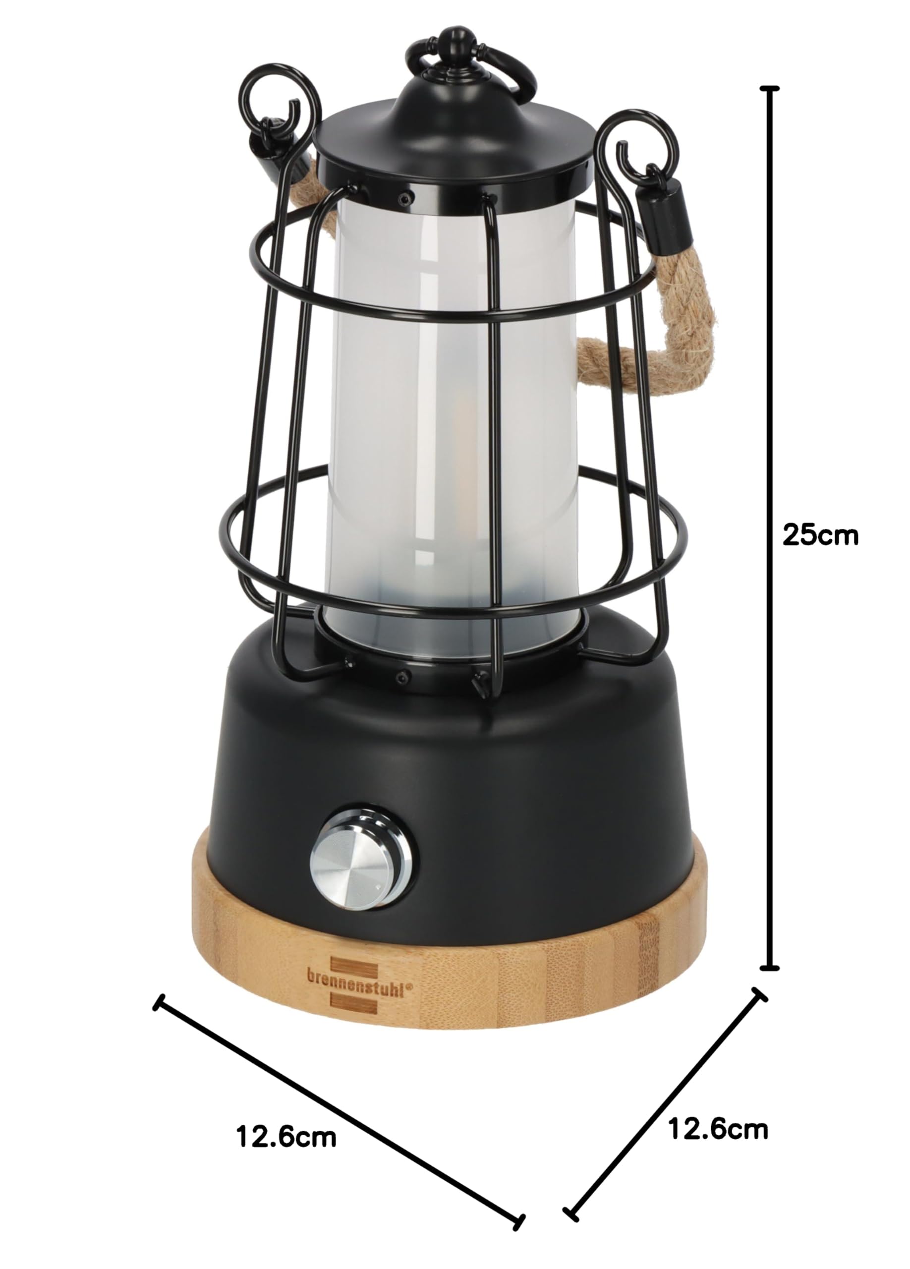 Brennenstuhl Lampada da Campeggio LED Ricaricabile USB (Fino 75 Ore di Luce), Lanterna da Esterno 350lm con Funzione Powerbank, Design Sostenibile con Base in Bambù e Corda in Canapa