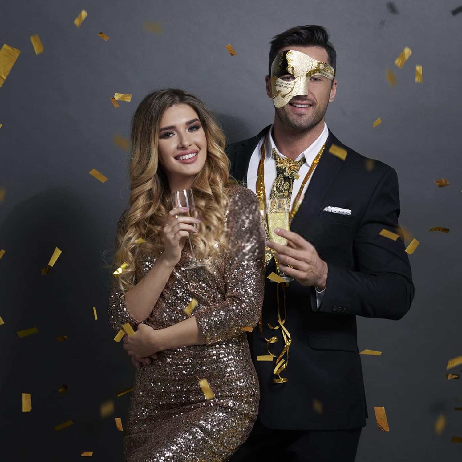 HyperFun Mens Masquerade Phantom of The Opera Mask and Silk Necktie Set - Venetian Half Face Ball Mask for Costume Parties