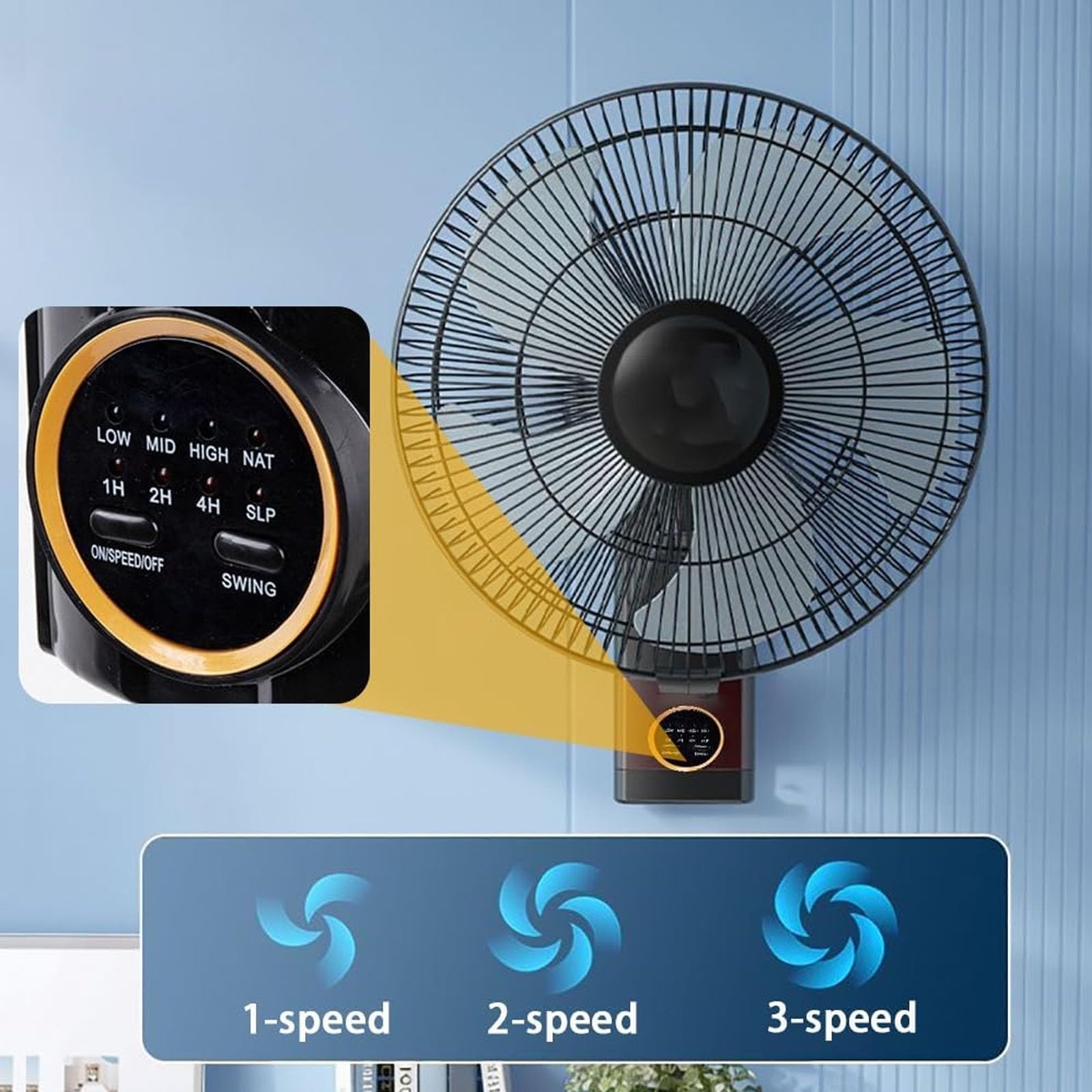 Ventilador solar de pared con mando a distancia, diseño oscilante, 5 aspas, 3 velocidades, inclinación ajustable de 90°, ideal para espacios al aire libre, garaje y gimnasio